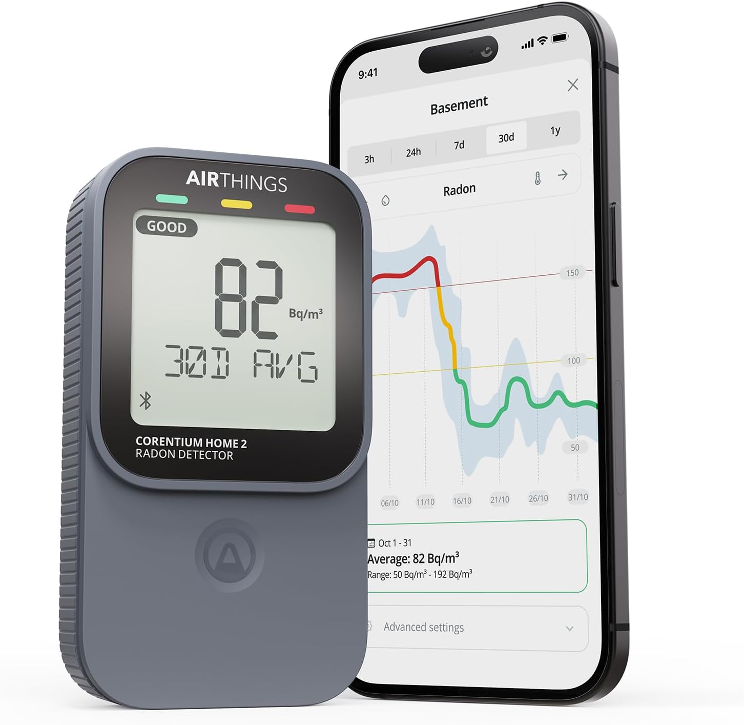 Fotografía técnica oficial de Airthings View Plus Monitor Integral de Calidad del Aire con Sensor de Gas Radón y CO2 - Vista frontal con fondo neutro