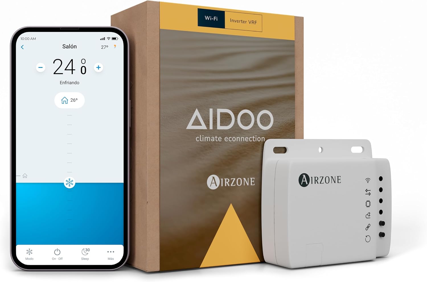 Fotografía técnica oficial de Airzone Aidoo Pro Dispositivo de Control WiFi y Cloud para Aerotermia - Vista frontal con fondo neutro