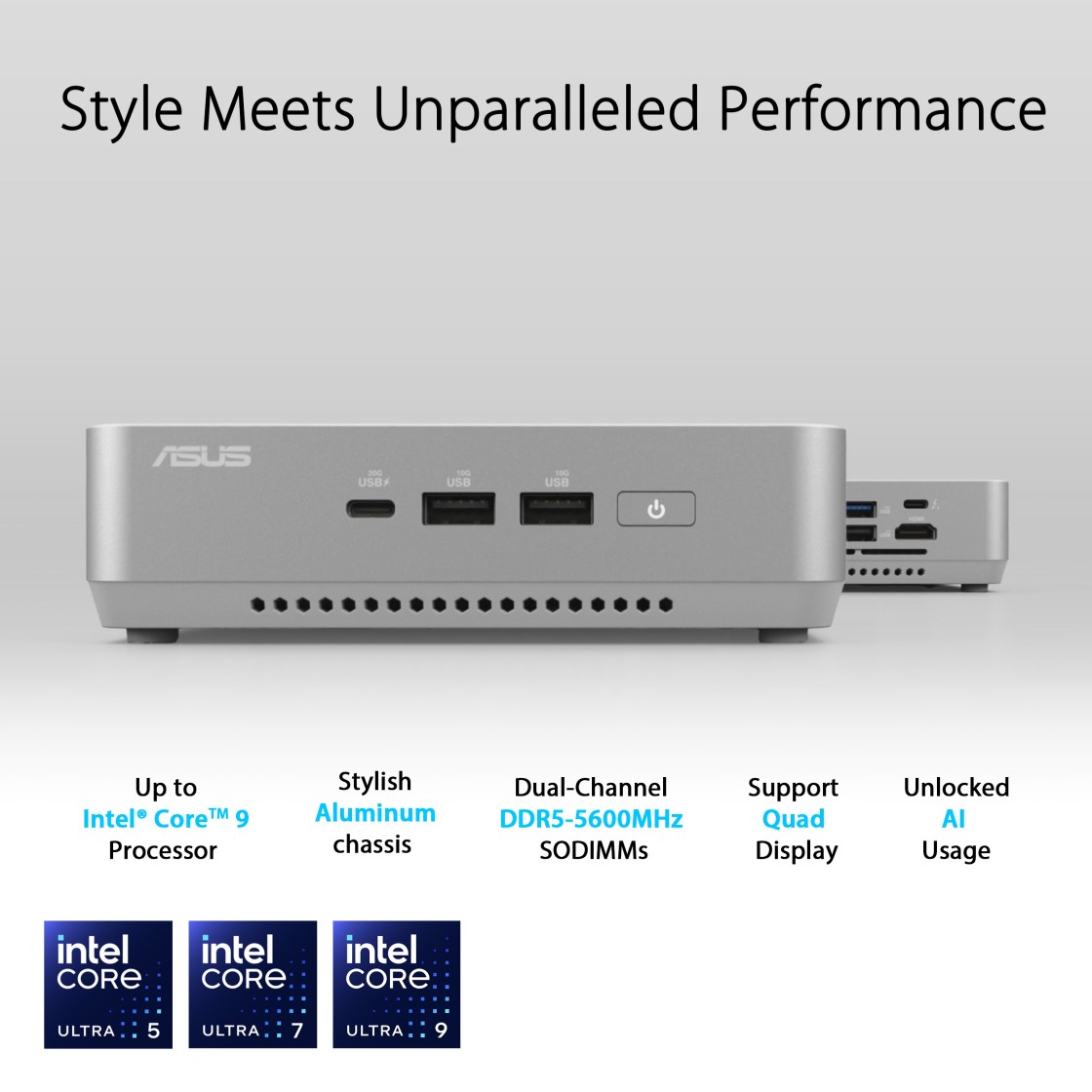 Fotografía técnica oficial de ASUS NUC 14 Pro+ Mini PC con Intel Core Ultra 9 185H (Intel AI Boost NPU, 32GB DDR5) - Vista frontal con fondo neutro