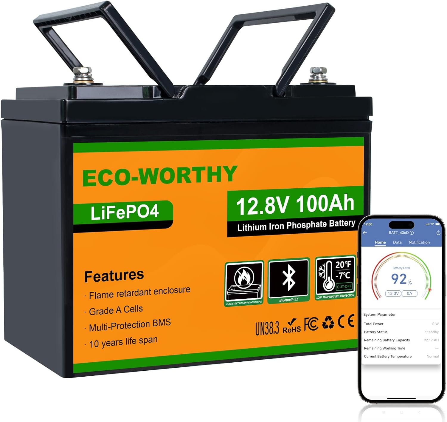 Fotografía técnica oficial de Batería de Litio LiFePO4 12V 100Ah con BMS Inteligente y Bluetooth para Camper - Vista frontal con fondo neutro