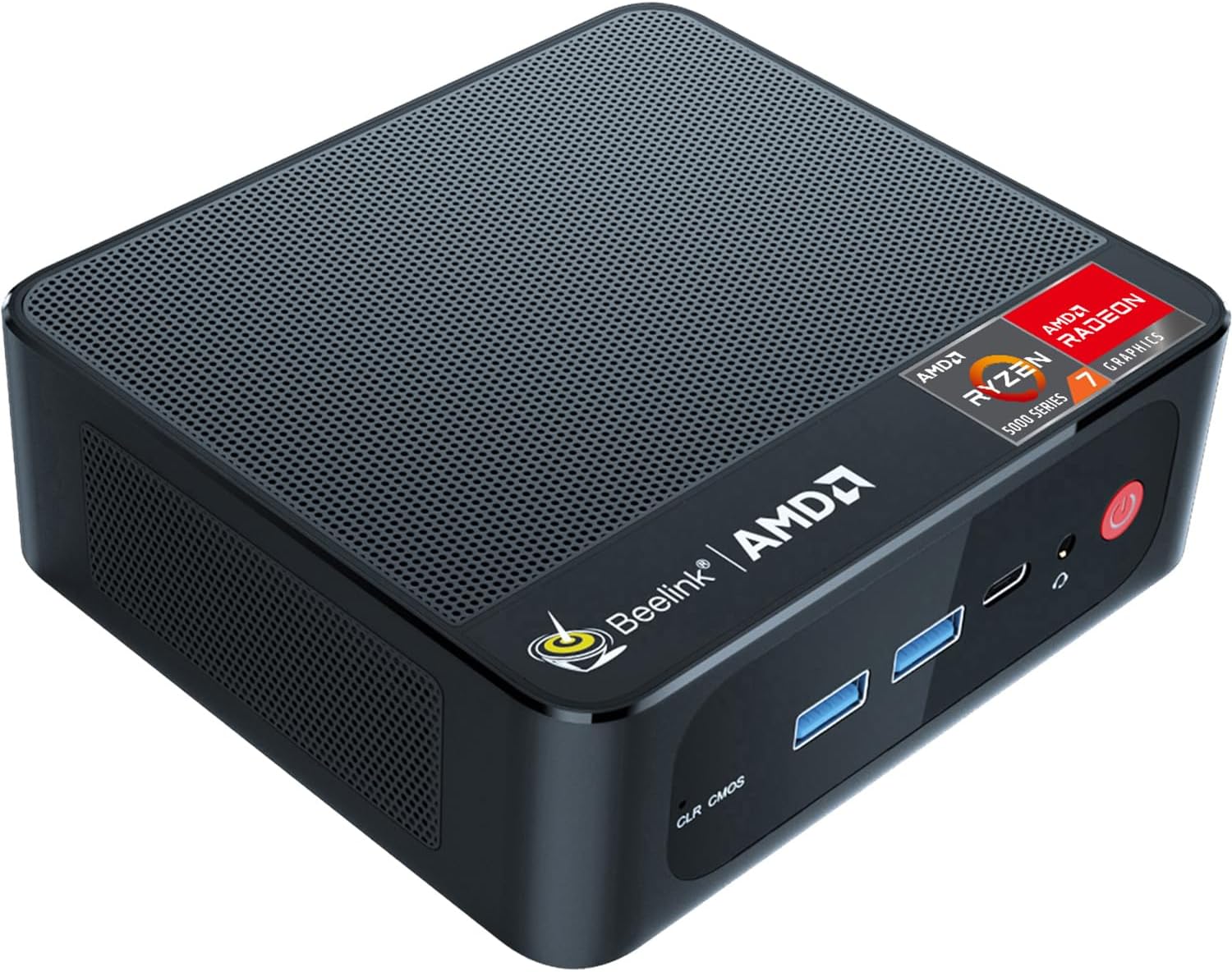 Fotografía técnica oficial de Beelink SER5 Pro Mini PC con AMD Ryzen 7 5800H (32GB DDR4, 1TB SSD NVMe, Triple 4K) - Vista frontal con fondo neutro