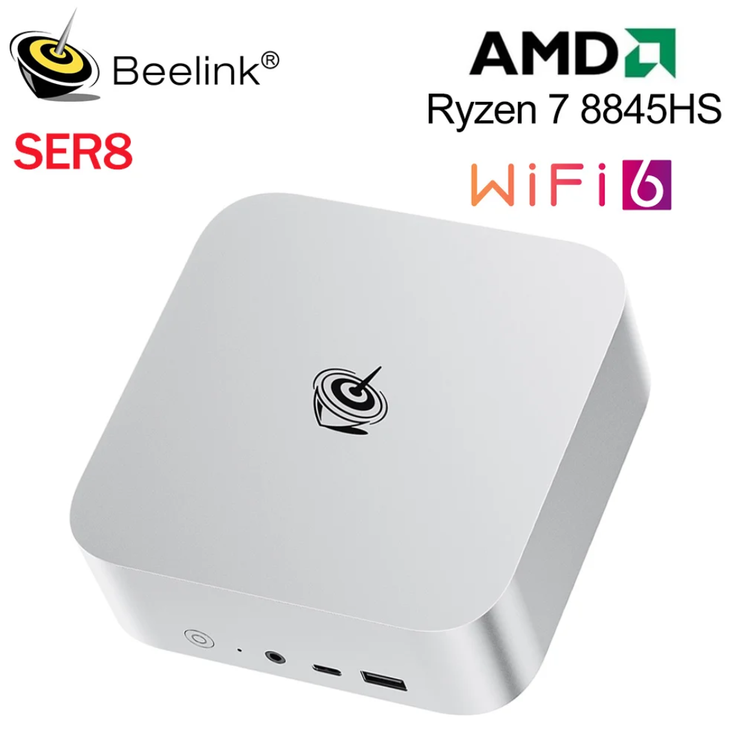 Fotografía técnica oficial de Beelink SER8 Mini PC con AMD Ryzen 7 8845HS (38 TOPS AI, 32GB DDR5, 1TB SSD PCIe 4.0) - Vista frontal con fondo neutro