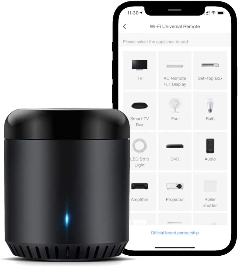 Fotografía técnica oficial de BroadLink RM4 Pro Mando Universal WiFi por Infrarrojos y Radiofrecuencia (433MHz) - Vista frontal con fondo neutro