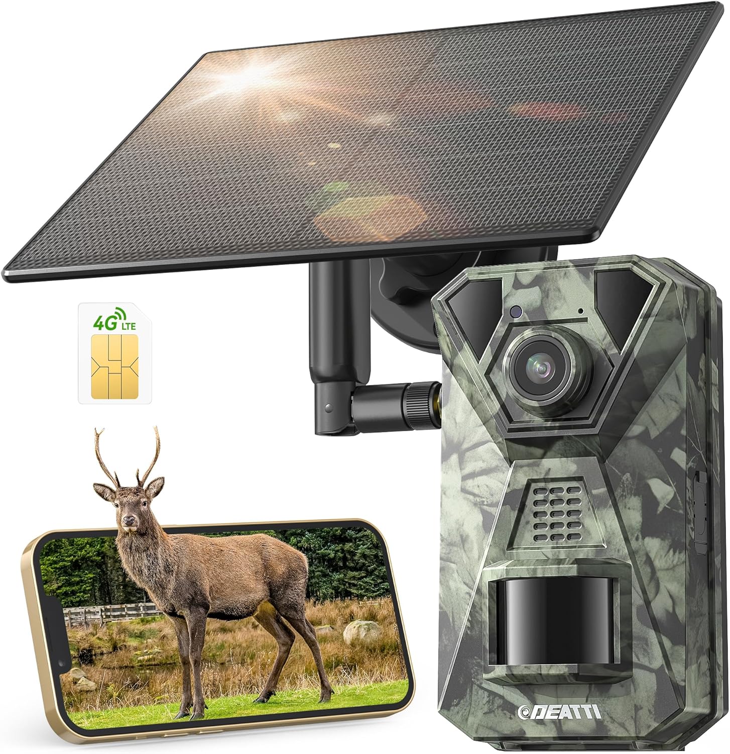 Fotografía técnica oficial de CamoTrack Pro Cámara Cinegética 4G LTE Solar con Notificaciones Push Instantáneas - Vista frontal con fondo neutro