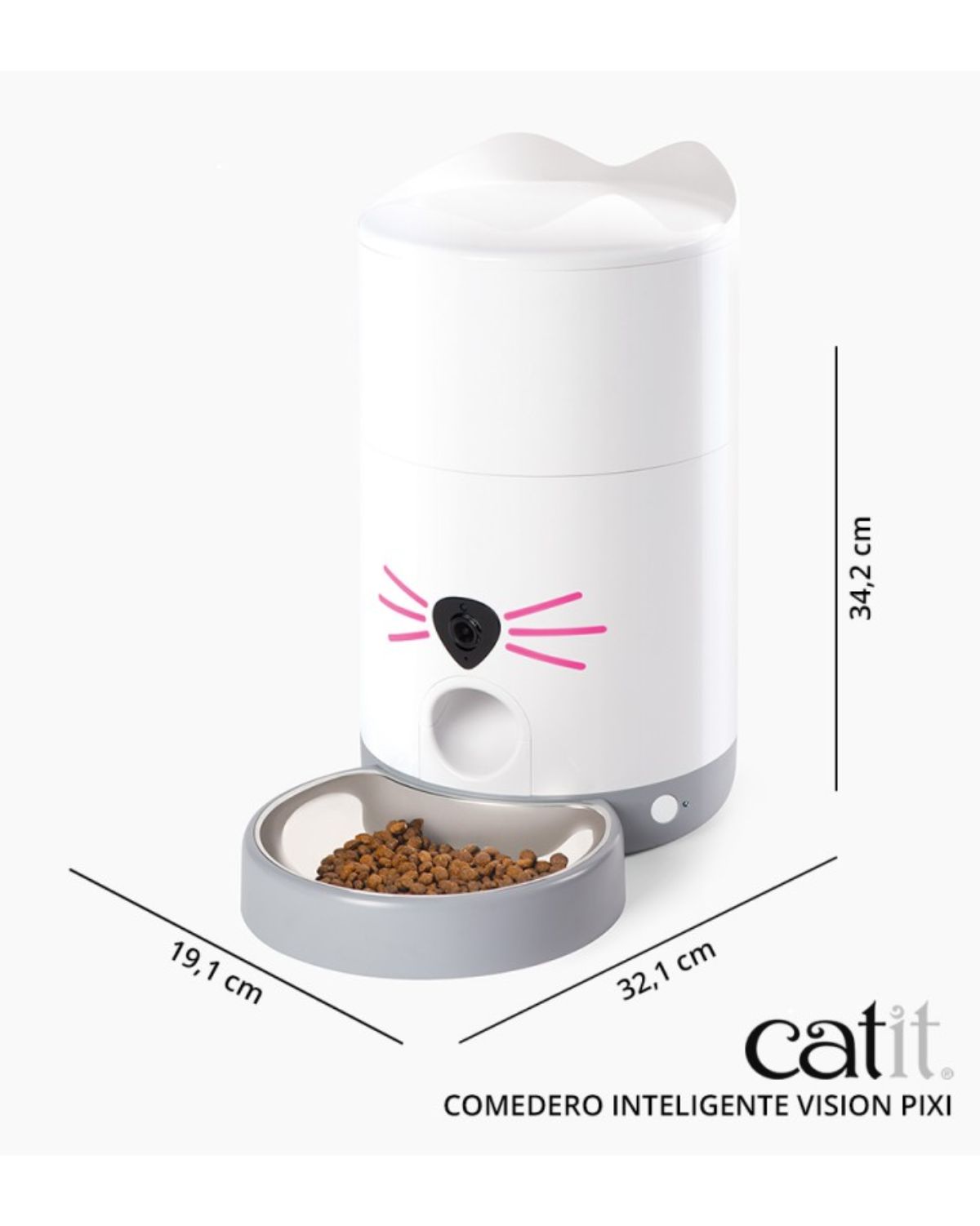 Fotografía técnica oficial de Catit PIXI Comedero Inteligente con Cámara HD, Visión Nocturna y Audio Bidireccional - Vista frontal con fondo neutro