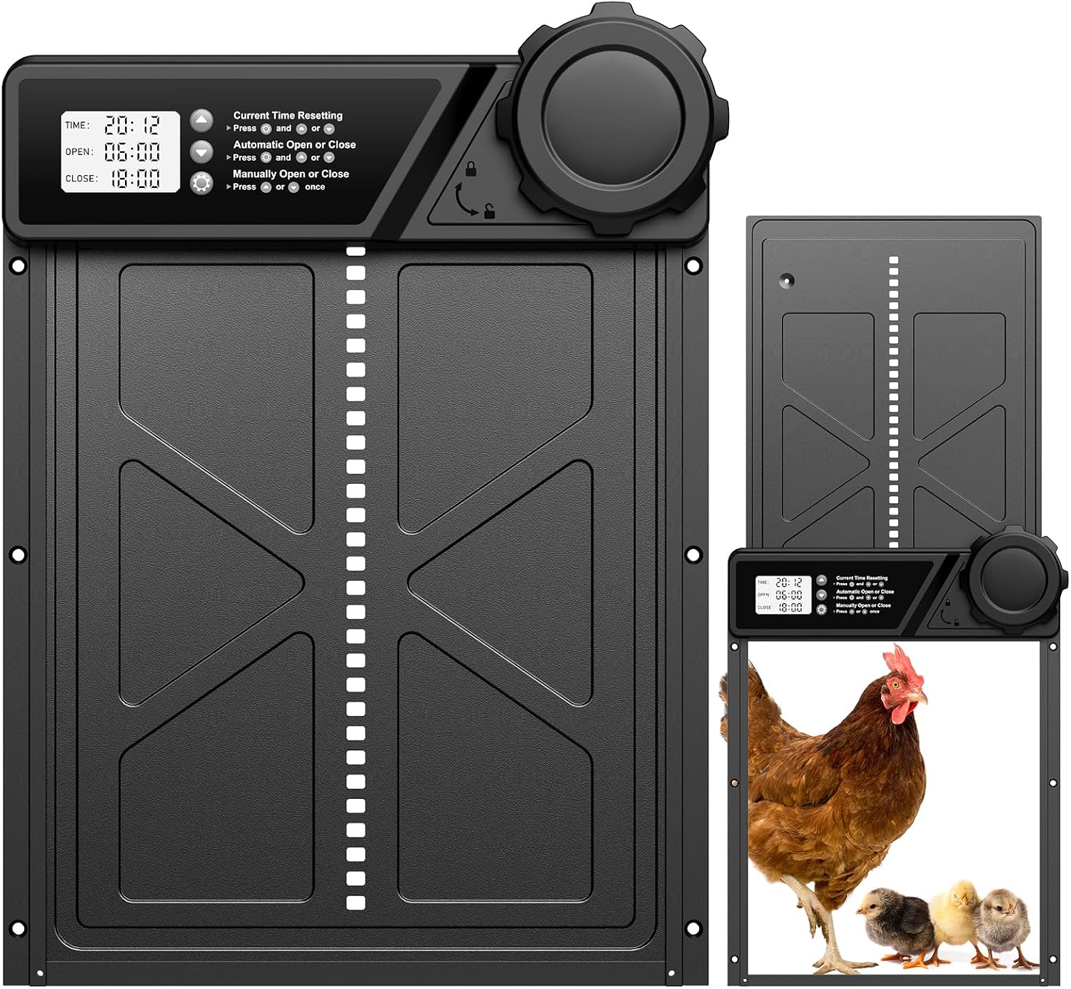 Fotografía técnica oficial de ChickenGuard Premium Motor Abrepuertas Automático para Gallinero con Pantalla LCD - Vista frontal con fondo neutro