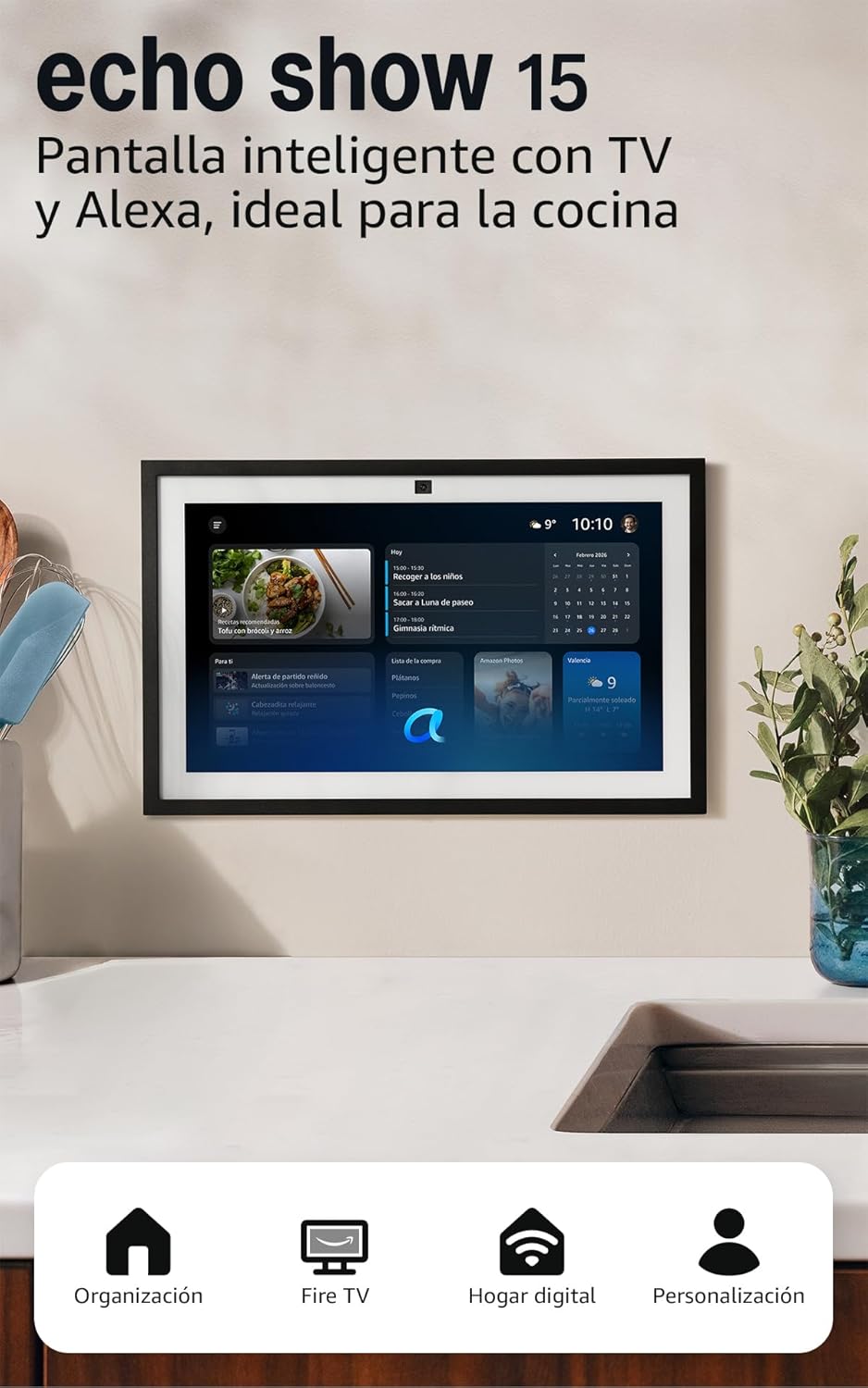 Fotografía técnica oficial de Echo Show 15 Pantalla Inteligente Mural Full HD de 15.6" con Alexa y Fire TV Integrado - Vista frontal con fondo neutro
