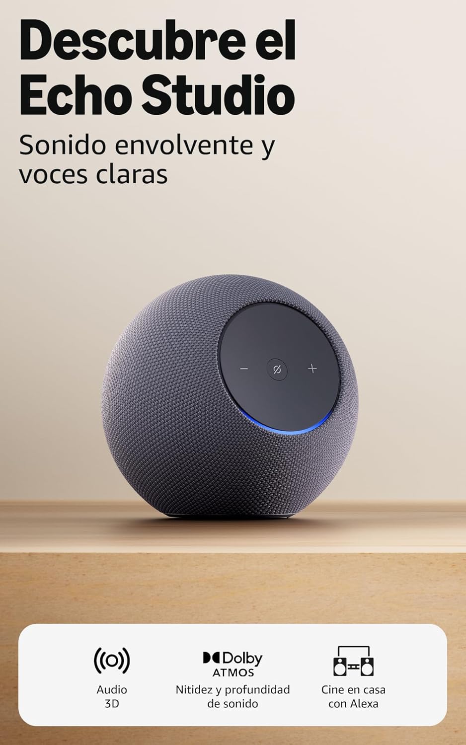 Fotografía técnica oficial de Echo Studio Altavoz Inteligente de Alta Fidelidad con Dolby Atmos y Hub Zigbee - Vista frontal con fondo neutro
