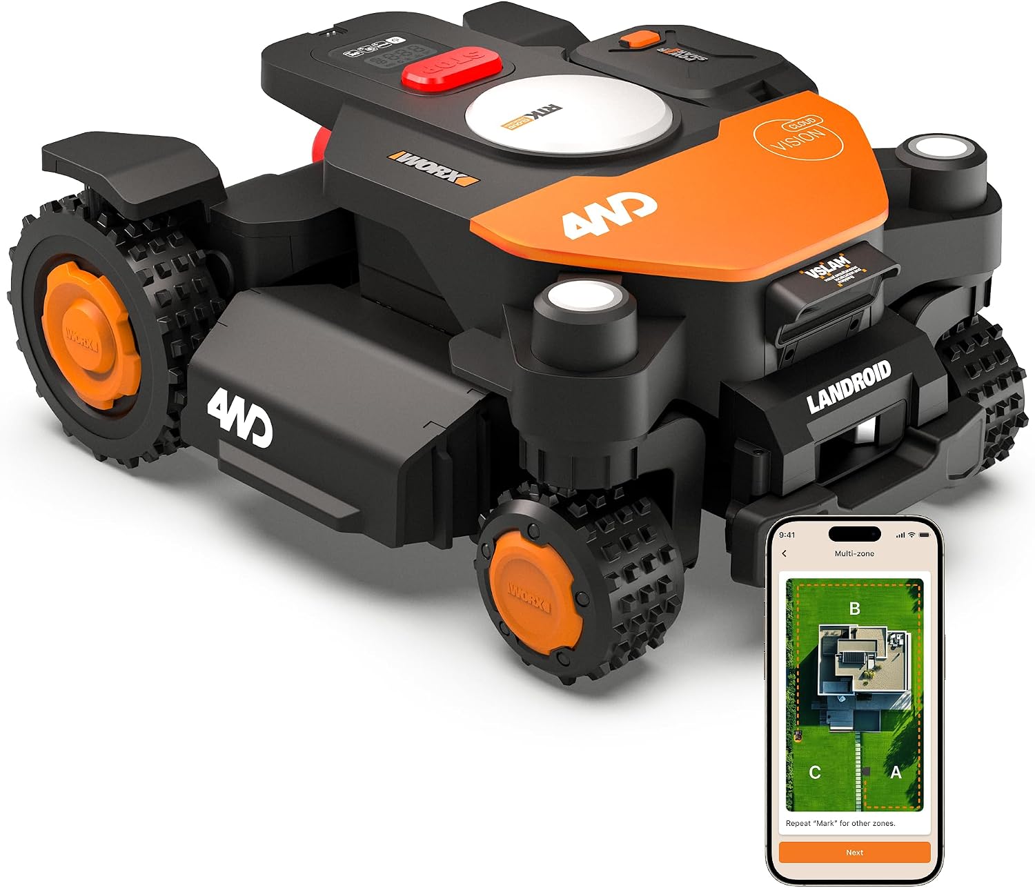 Fotografía técnica oficial de ECOVACS GOAT G1 Robot Cortacésped Sin Cables con Navegación por Balizas de Navegación - Vista frontal con fondo neutro