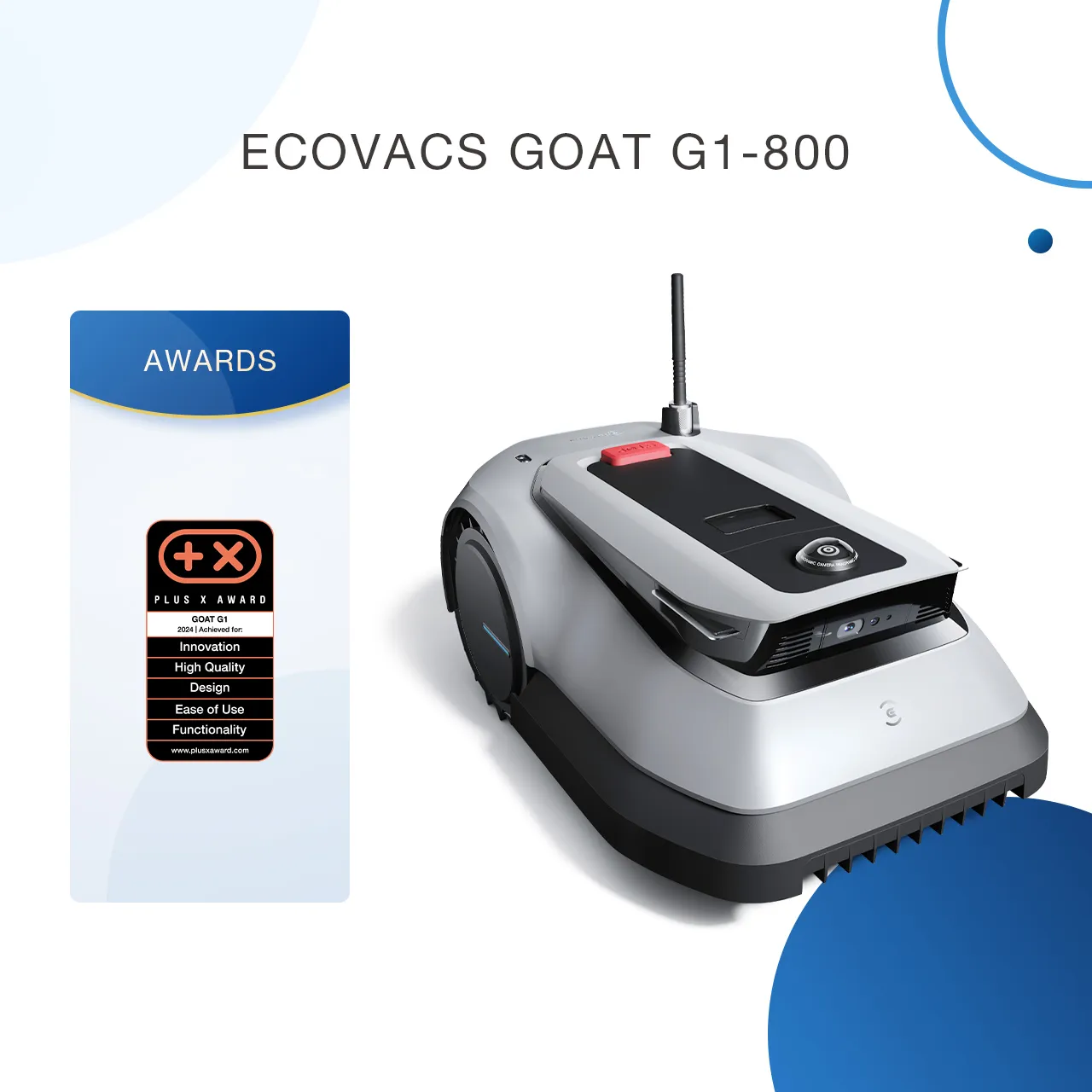 Fotografía técnica oficial de ECOVACS GOAT G1-800 Robot Cortacésped con Balizas Inalámbricas y Sistema de Visión Panorámica - Vista frontal con fondo neutro