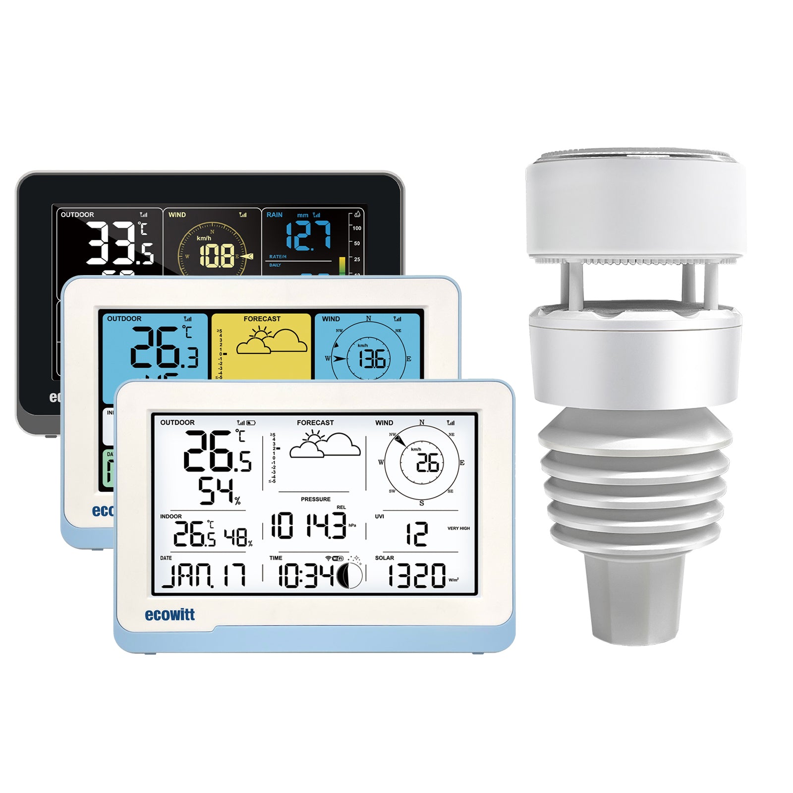 Fotografía técnica oficial de Ecowitt Wittboy Estación Meteorológica Solar 7 en 1 con Sensor Háptico de Lluvia y WiFi - Vista frontal con fondo neutro