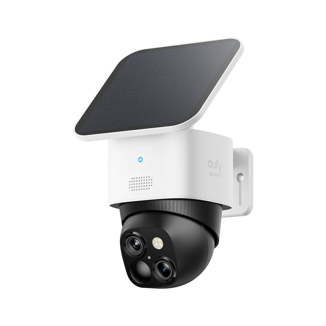 Fotografía técnica oficial de eufy Security SoloCam S340 Cámara 3K Dual con Panel Solar y Rotación 360° - Vista frontal con fondo neutro