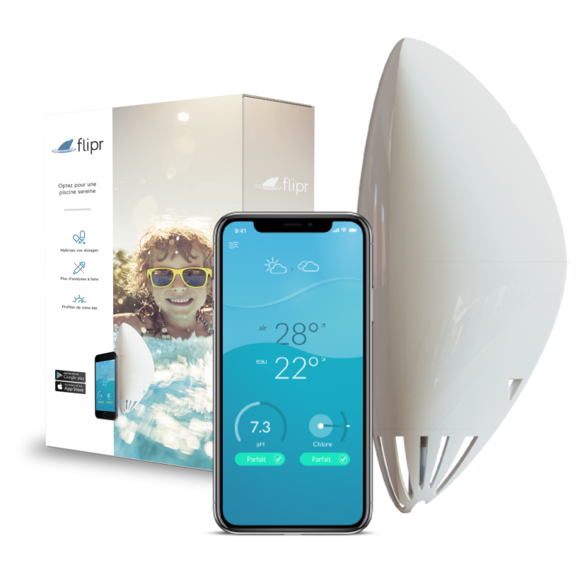 Fotografía técnica oficial de Flipr Analysys Max Boya Inteligente para Piscinas y Spas con Algoritmos Predictivos - Vista frontal con fondo neutro