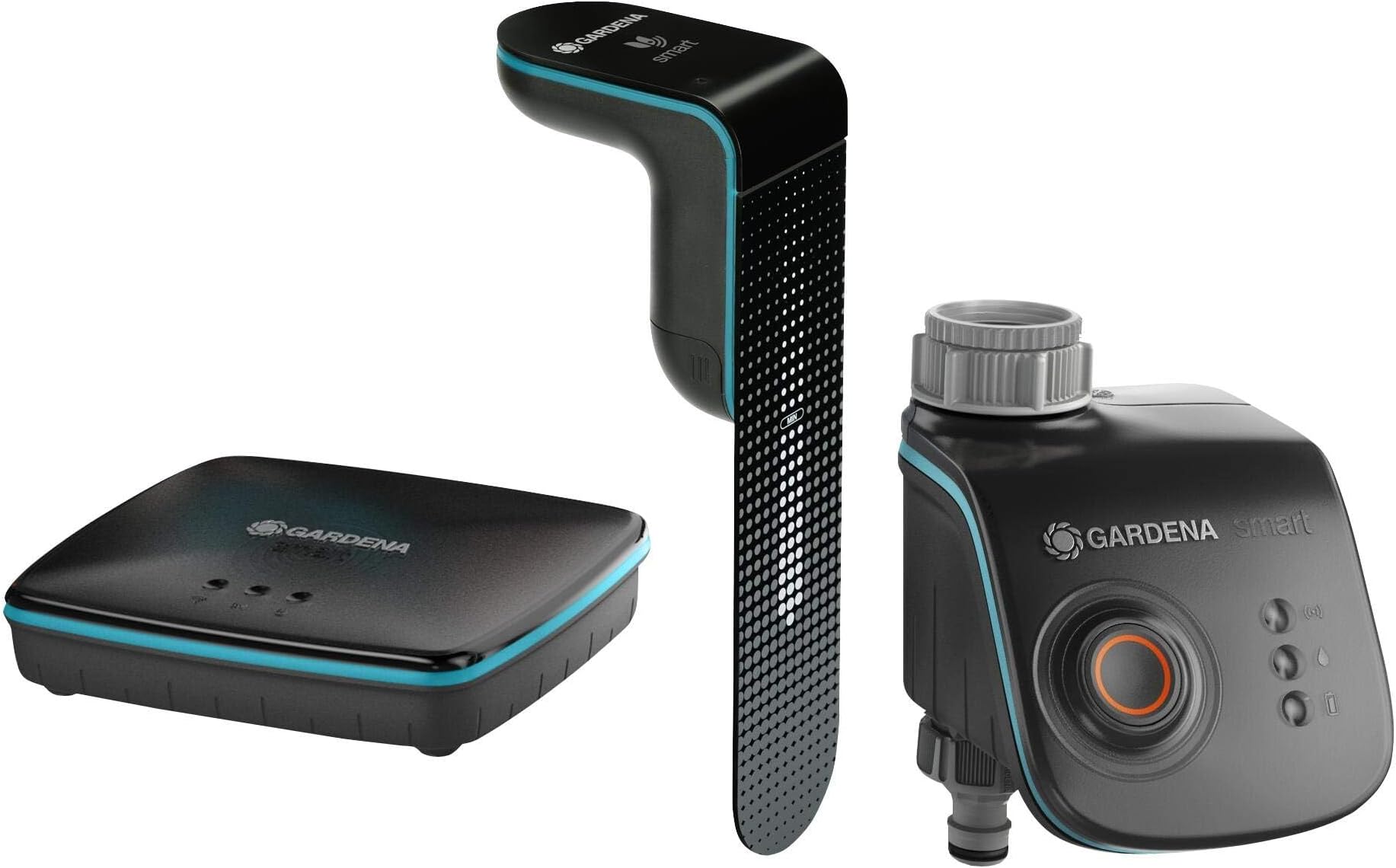 Fotografía técnica oficial de GARDENA smart Water Control Set Programador de Riego Automático con Sensor de Humedad y Gateway - Vista frontal con fondo neutro