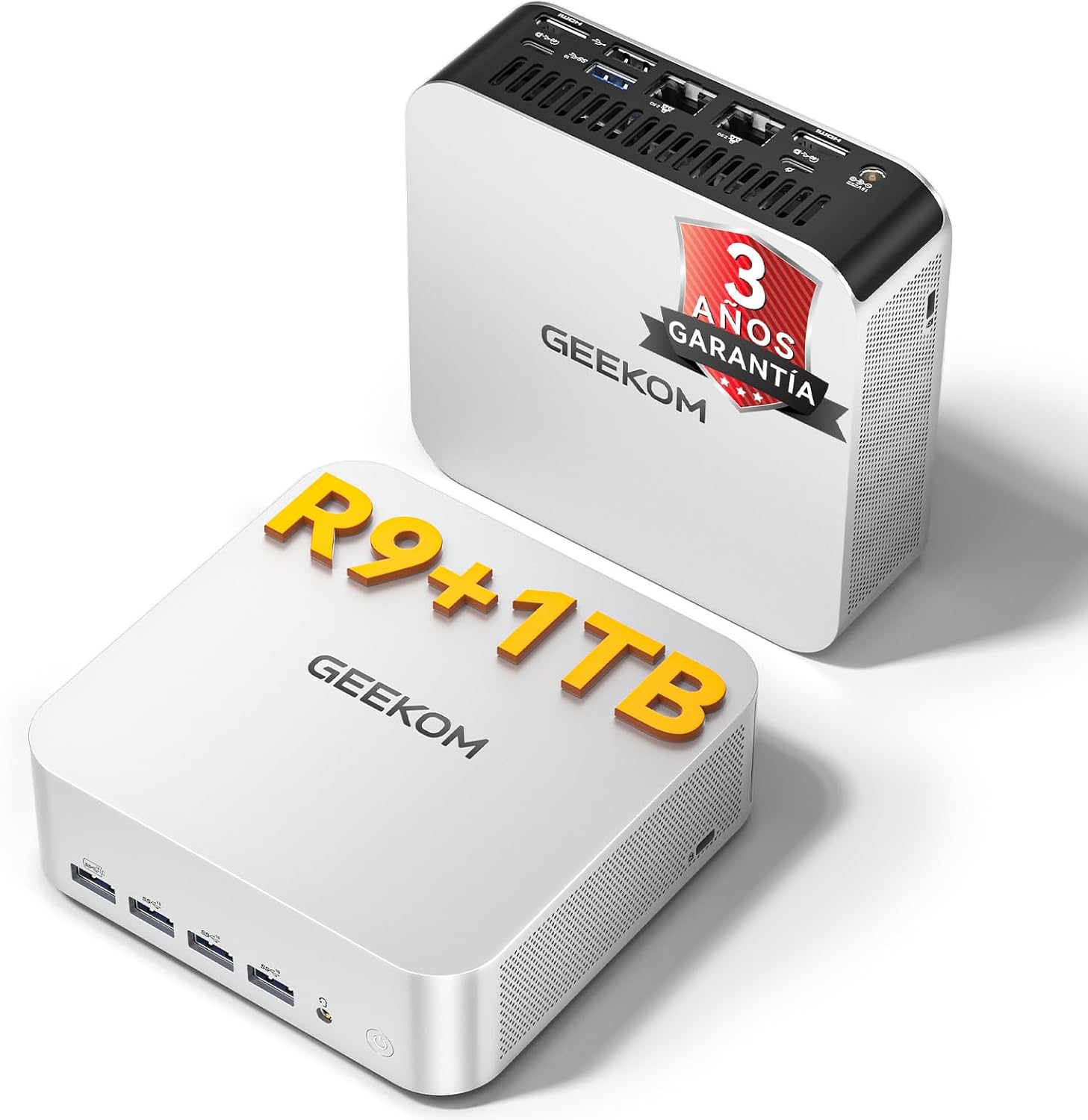 Fotografía técnica oficial de GEEKOM A7 MAX Mini PC con AMD Ryzen 9 7940HS (Agentic AI PC, 32GB DDR5, 1TB SSD PCIe 4.0) - Vista frontal con fondo neutro