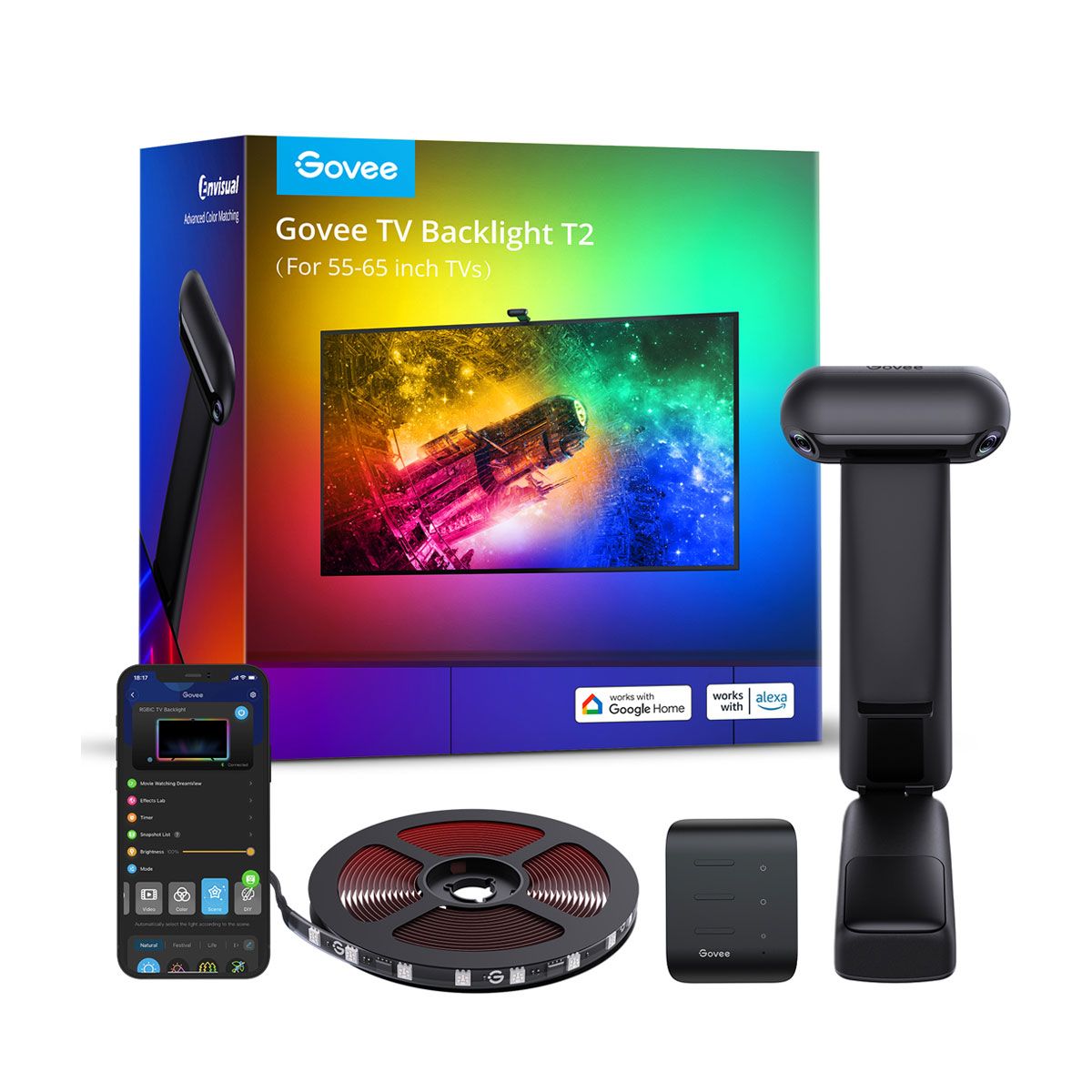 Fotografía técnica oficial de Govee Tira LED TV Envisual T2 con Doble Cámara Sincronizada 55-65 pulgadas - Vista frontal con fondo neutro