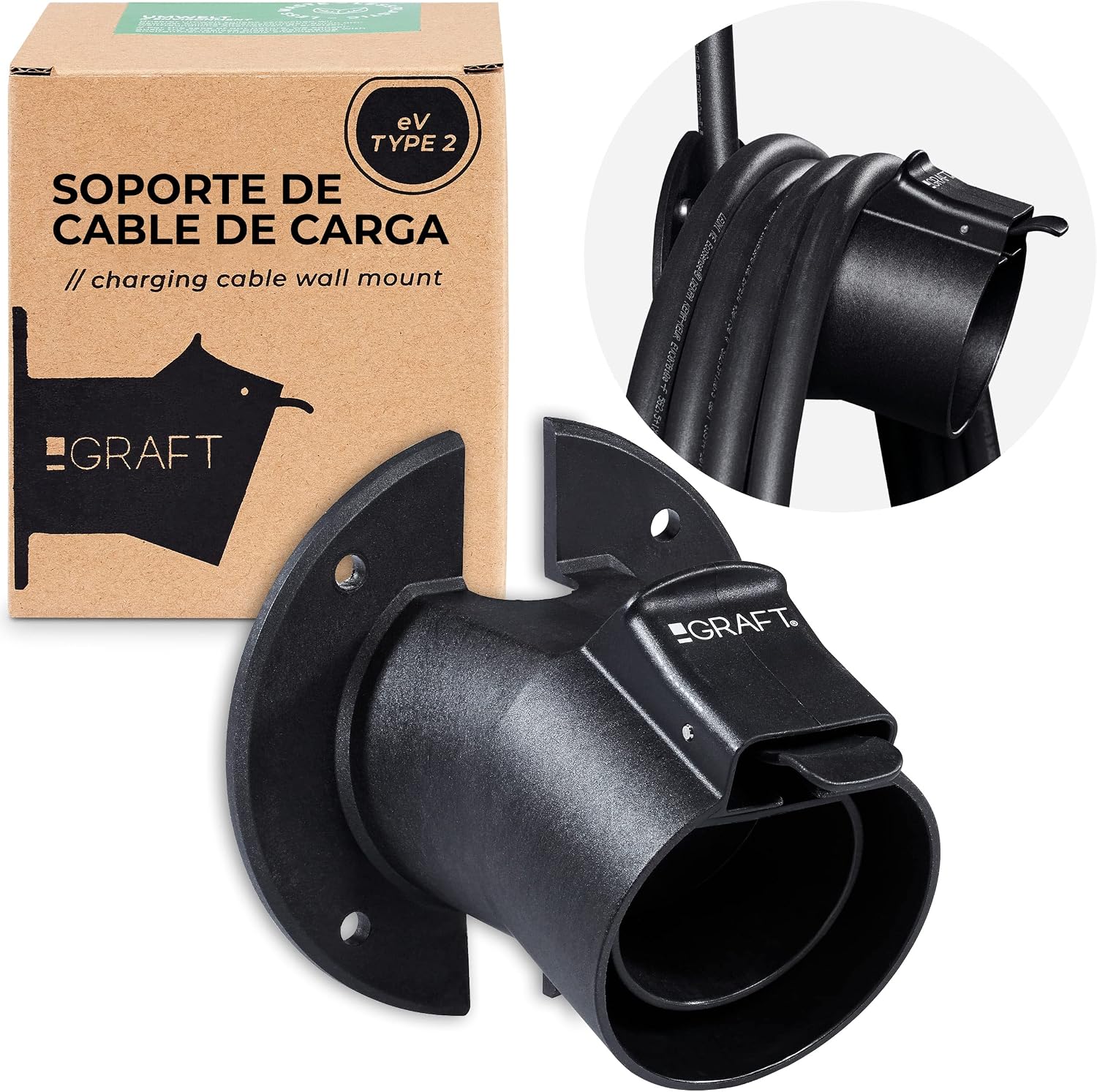 Ver especificaciones técnicas y precio actualizado de Graft Soporte de Pared Tipo 2 para Cable de Carga EV con Gancho Organizador y Bloqueo Antirrobo Fotografía técnica oficial de Graft Soporte de Pared Tipo 2 para Cable de Carga EV con Gancho Organizador y Bloqueo Antirrobo - Vista frontal con fondo neutro