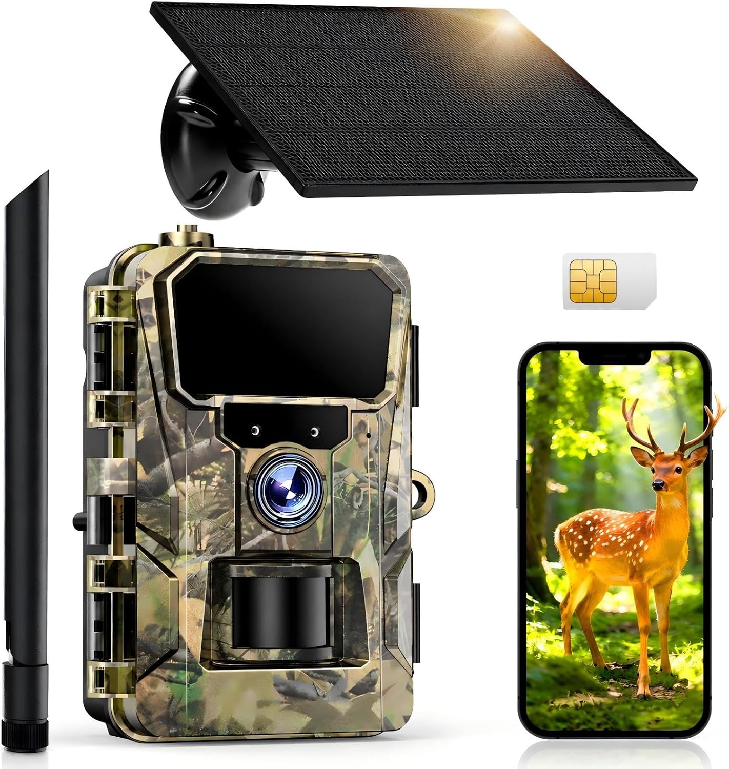 Fotografía técnica oficial de K&F Concept Cámara de Caza 4G Solar 2K 30MP con Visión Nocturna Infrarroja No Glow - Vista frontal con fondo neutro
