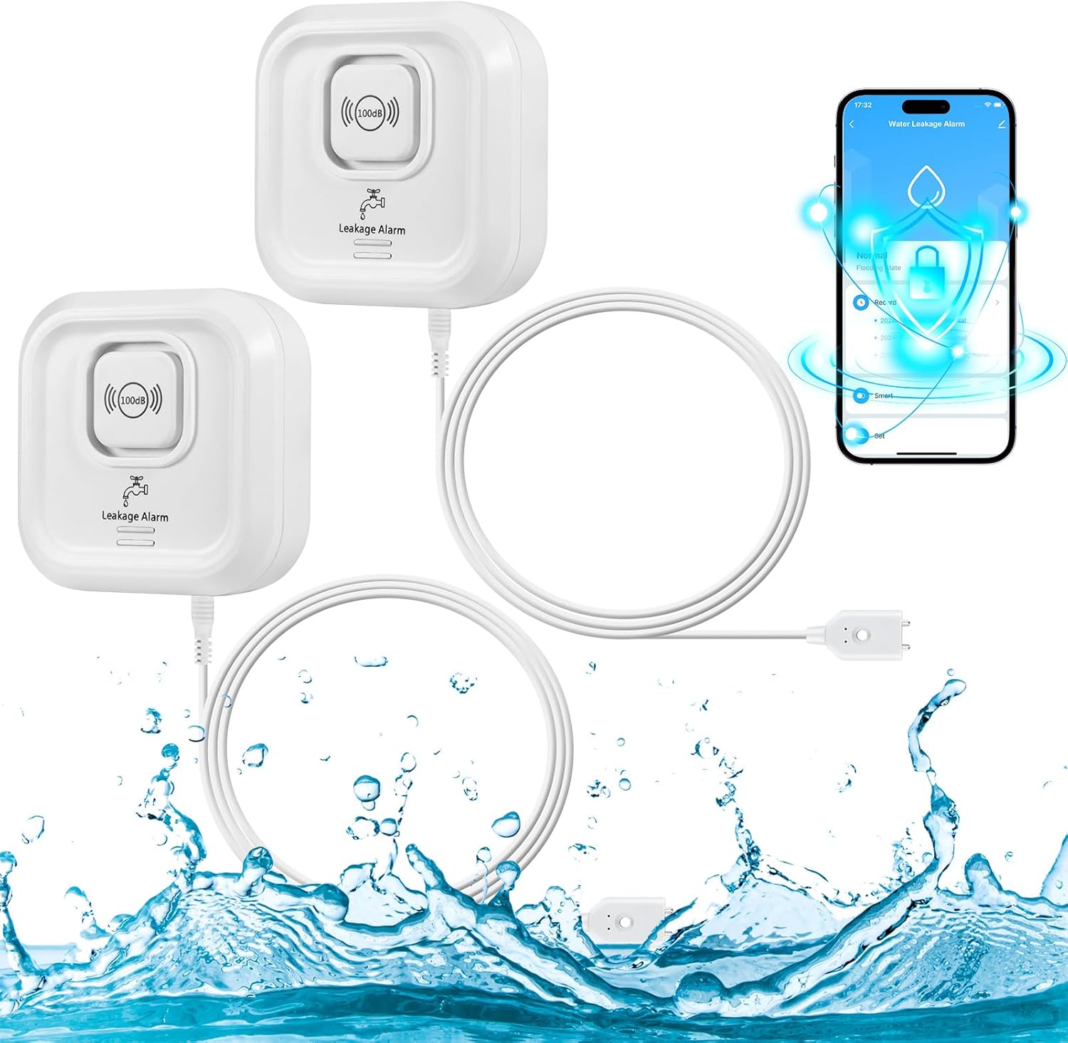 Fotografía técnica oficial de Pack de Sensores Inteligentes de Fuga de Agua WiFi con Sonda Dual y Alerta Sonora - Vista frontal con fondo neutro