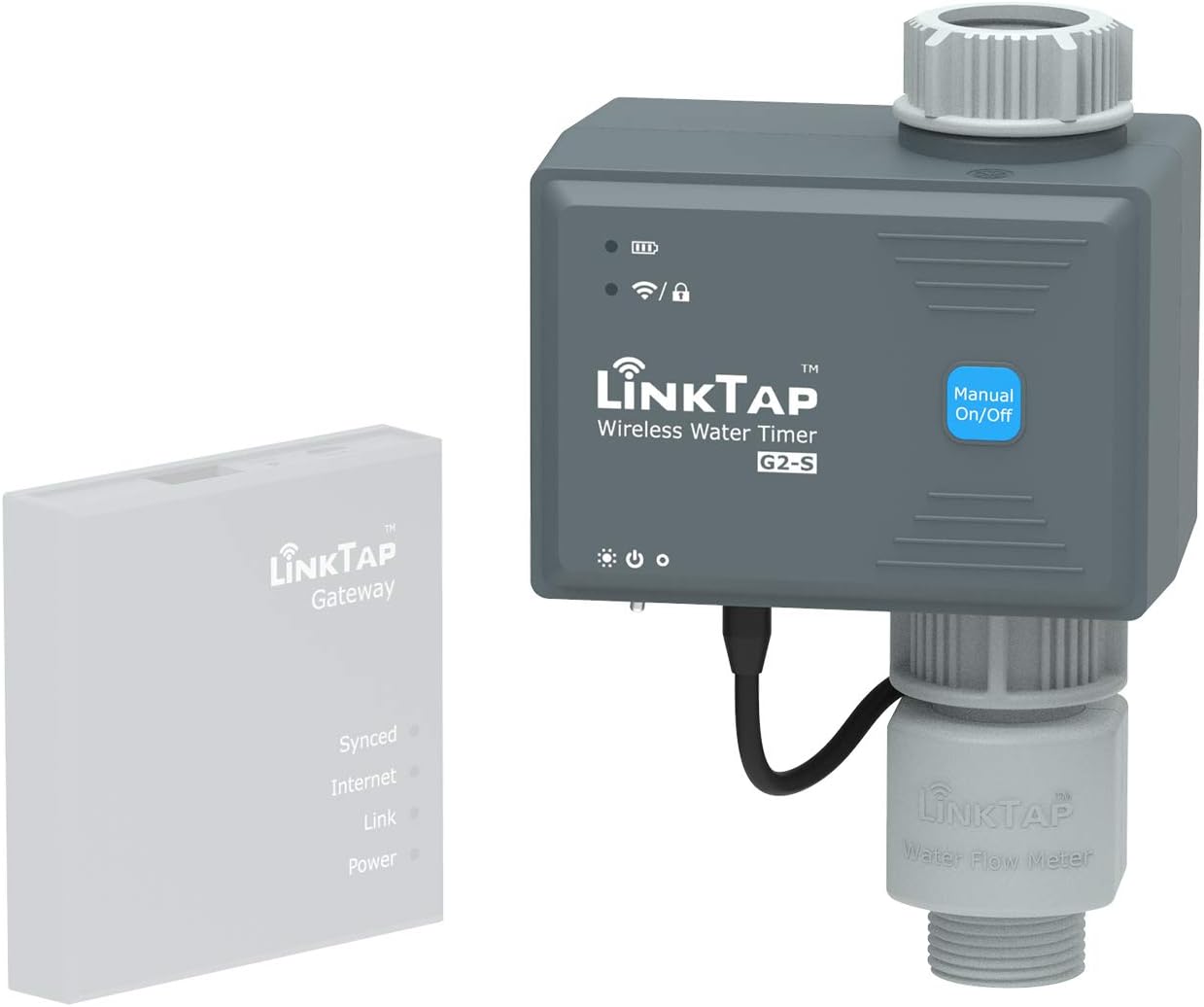 Fotografía técnica oficial de LinkTap G2S Programador de Riego Inalámbrico con Medidor de Caudal y Detección de Cortes - Vista frontal con fondo neutro