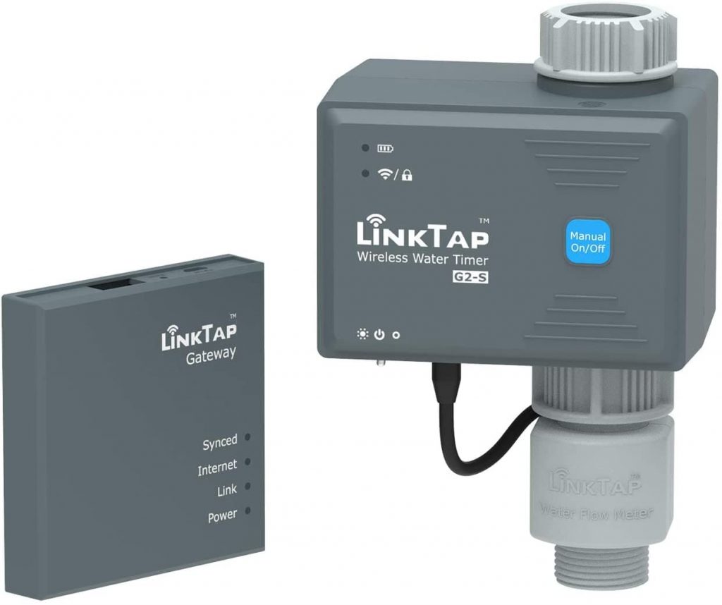 Fotografía técnica oficial de LinkTap G2S Programador de Riego Inalámbrico de Gran Alcance con Caudalímetro y Detección de Fugas - Vista frontal con fondo neutro