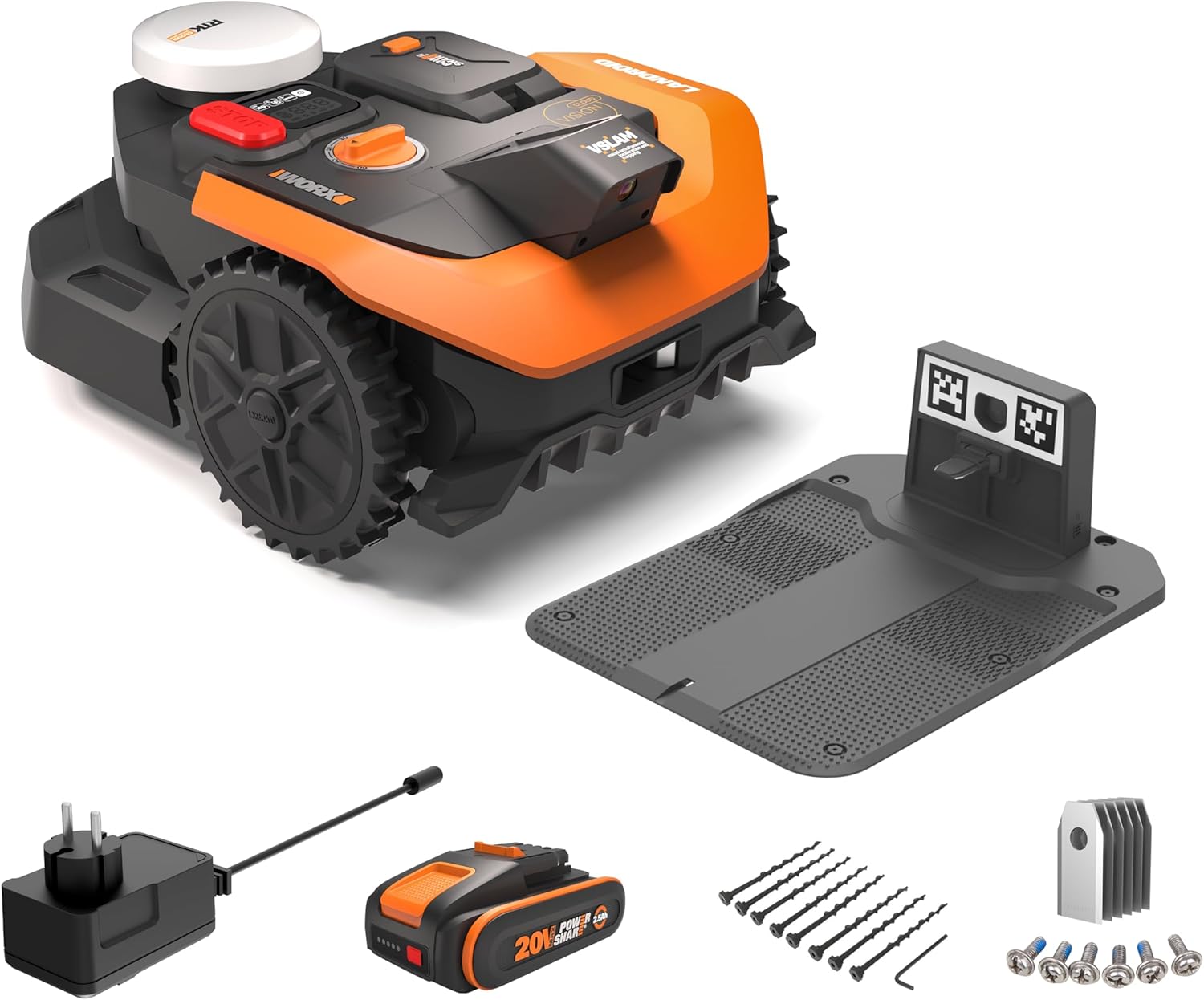 Fotografía técnica oficial de Mammotion LUBA 2 AWD 1000 Robot Cortacésped con Tracción Total 4x4 para Pendientes del 80% - Vista frontal con fondo neutro