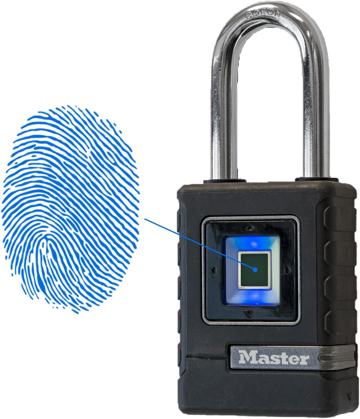 Fotografía técnica oficial de Master Lock Candado Biométrico de Huella Dactilar Exterior para Trasteros y Verjas - Vista frontal con fondo neutro