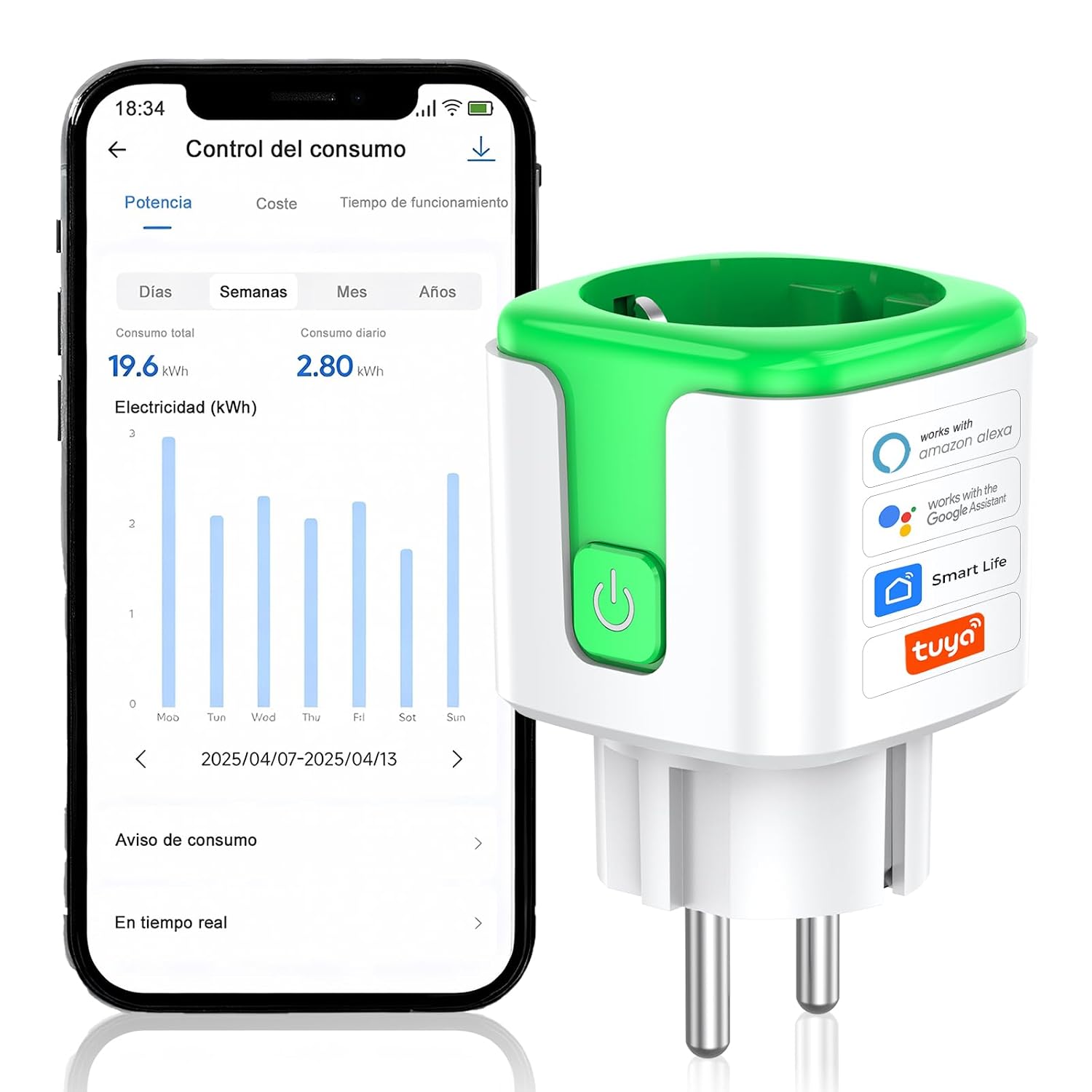 Fotografía técnica oficial de Meross Enchufe Inteligente Matter con Medición de Energía y Compatibilidad Universal - Vista frontal con fondo neutro