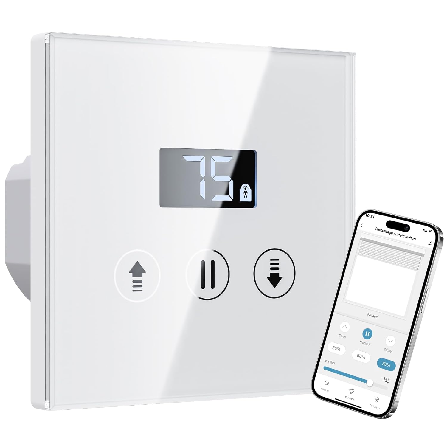 Fotografía técnica oficial de Meross Interruptor de Persianas Inteligente de Pared Táctil WiFi con Temporizador - Vista frontal con fondo neutro