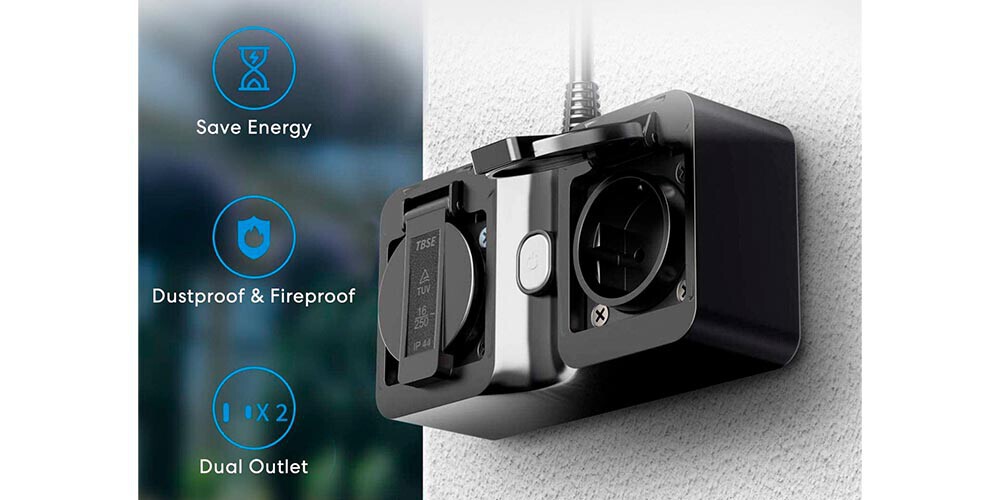 Fotografía técnica oficial de Meross Enchufe Exterior Doble Inteligente IP44 Compatible con Apple HomeKit, Alexa y Google - Vista frontal con fondo neutro