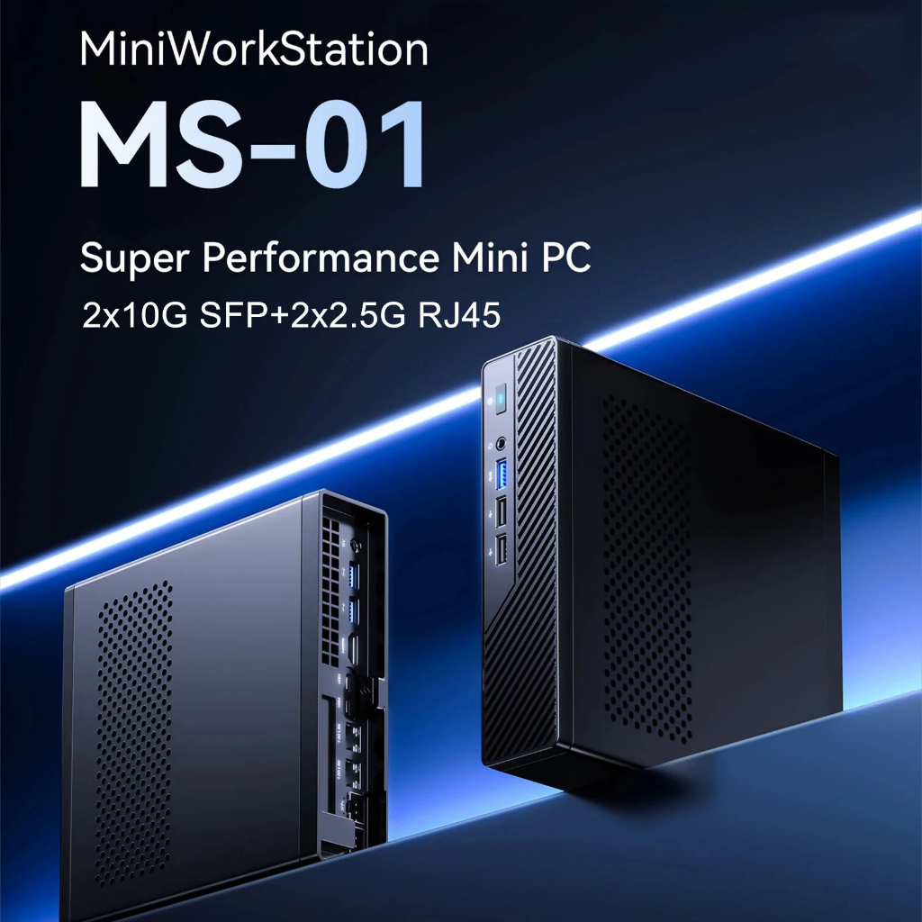 Fotografía técnica oficial de Minisforum MS-01 Mini Workstation PC con Intel Core i9-12900H (Doble 10G SFP+, Dual 2.5GbE) - Vista frontal con fondo neutro