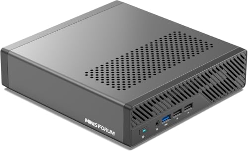 Fotografía técnica oficial de MINISFORUM MS-01 Workstation Mini PC Intel Core i9-13900H (Ranura PCIe x16, Dual 10G SFP+) - Vista frontal con fondo neutro