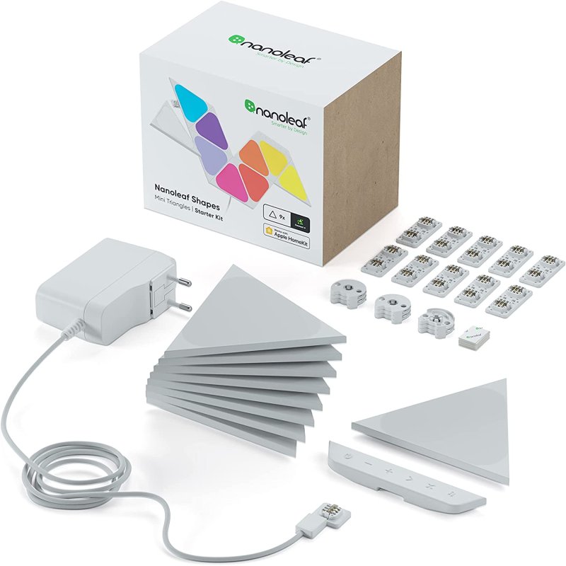 Fotografía técnica oficial de Nanoleaf Shapes Triangles Kit de Inicio 9 Paneles LED Modulares RGBW con Thread y Matter - Vista frontal con fondo neutro