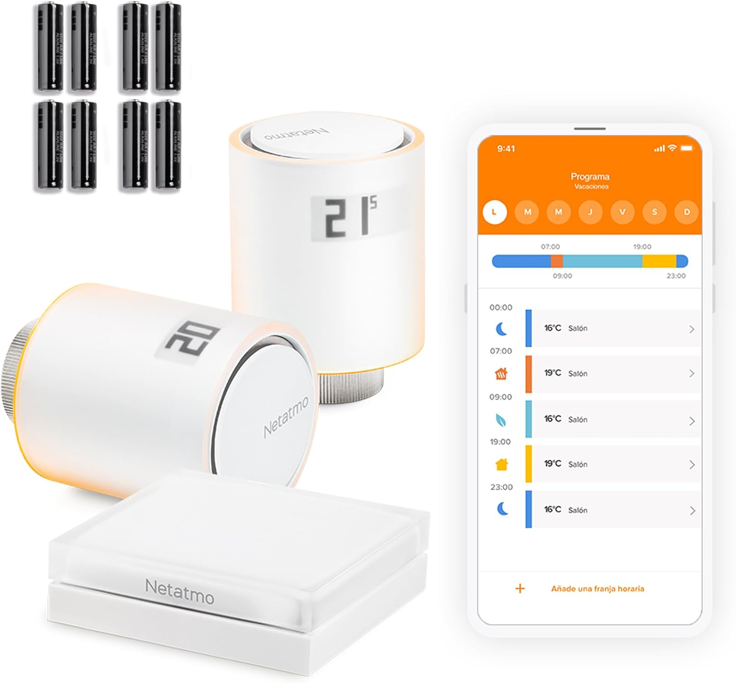 Fotografía técnica oficial de Netatmo Válvula Termostática Inteligente Adicional para Radiador con Pantalla E-Paper - Vista frontal con fondo neutro