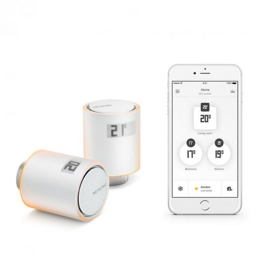 Fotografía técnica oficial de Netatmo Kit de Inicio de Válvulas Inteligentes para Radiador con Relé WiFi (Pack 2 Válvulas) - Vista frontal con fondo neutro