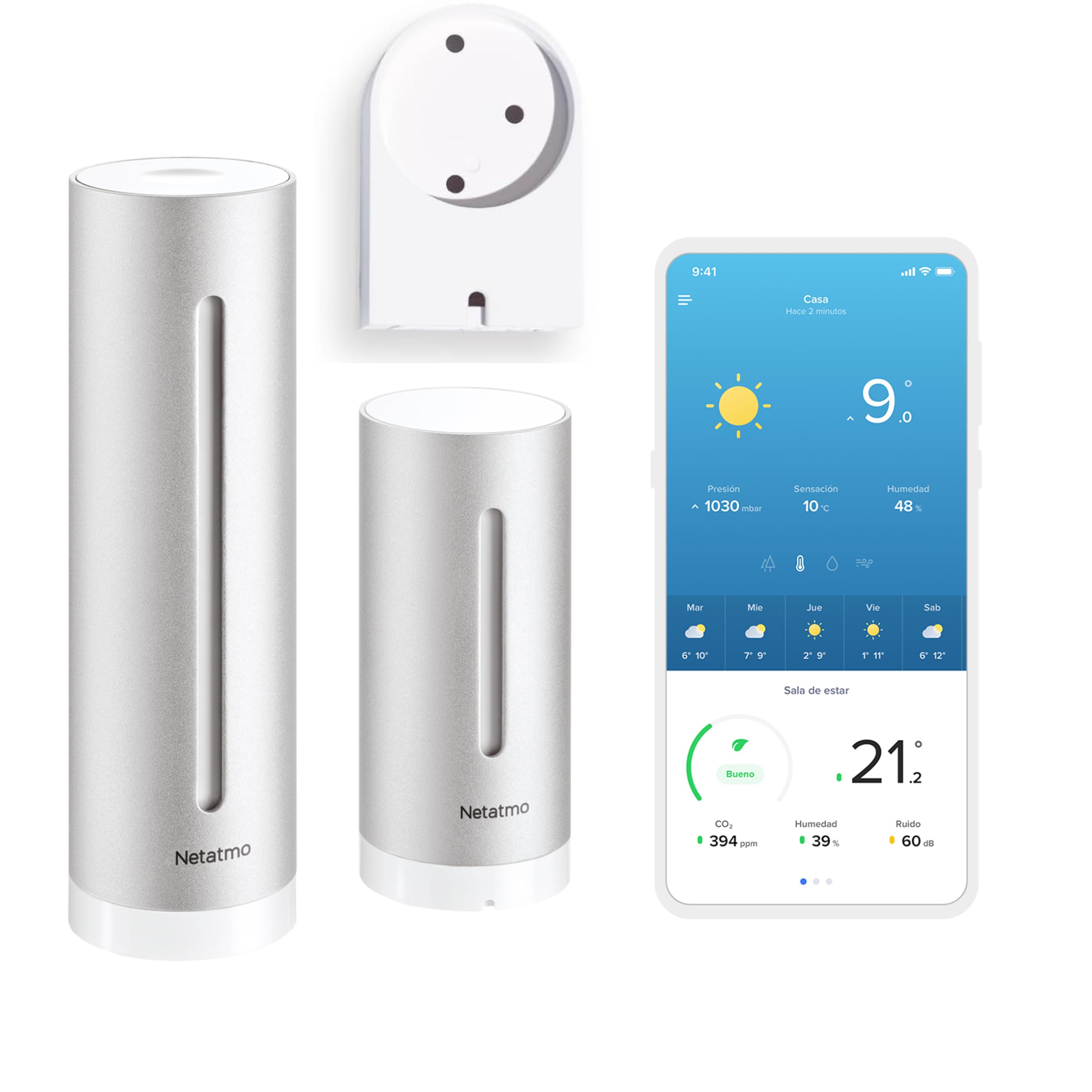 Fotografía técnica oficial de Netatmo Estación Meteorológica Inalámbrica Interior y Exterior con Monitor de CO2 y Ruido - Vista frontal con fondo neutro