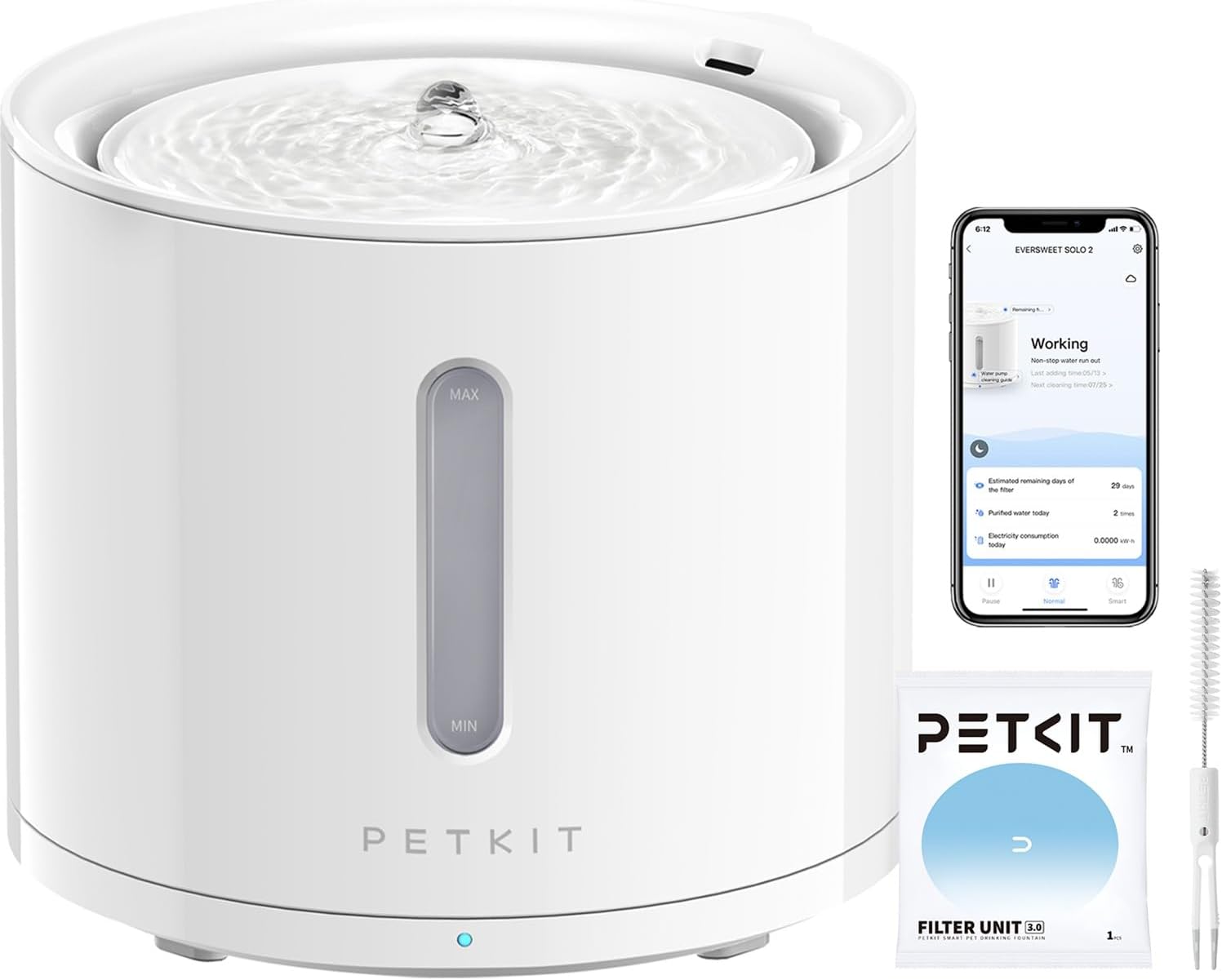 Fotografía técnica oficial de PETKIT Eversweet Solo 2 Fuente Inteligente para Mascotas con Bomba Inalámbrica 3.0 - Vista frontal con fondo neutro