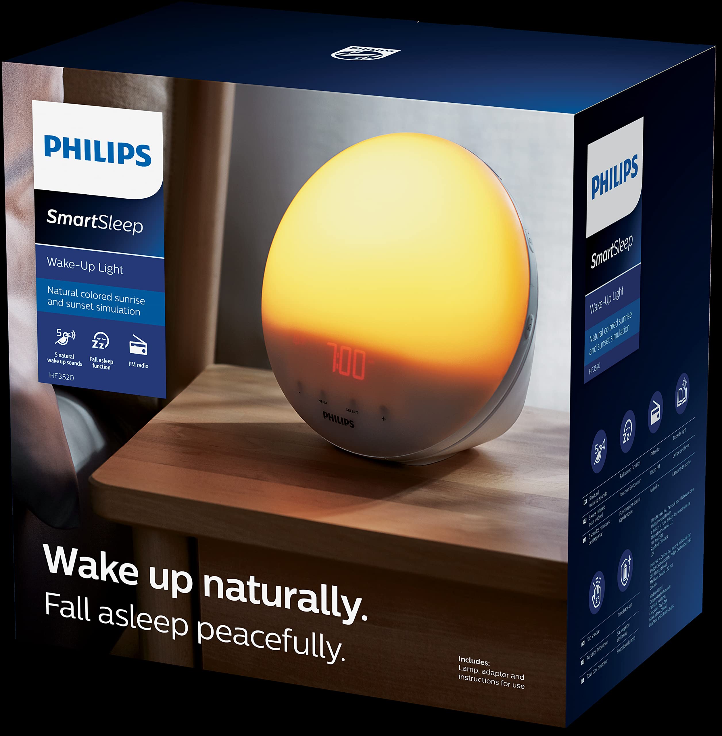 Fotografía técnica oficial de Philips SmartSleep HF3520 Despertador con Simulación de Amanecer Solar y 5 Sonidos Naturales - Vista frontal con fondo neutro