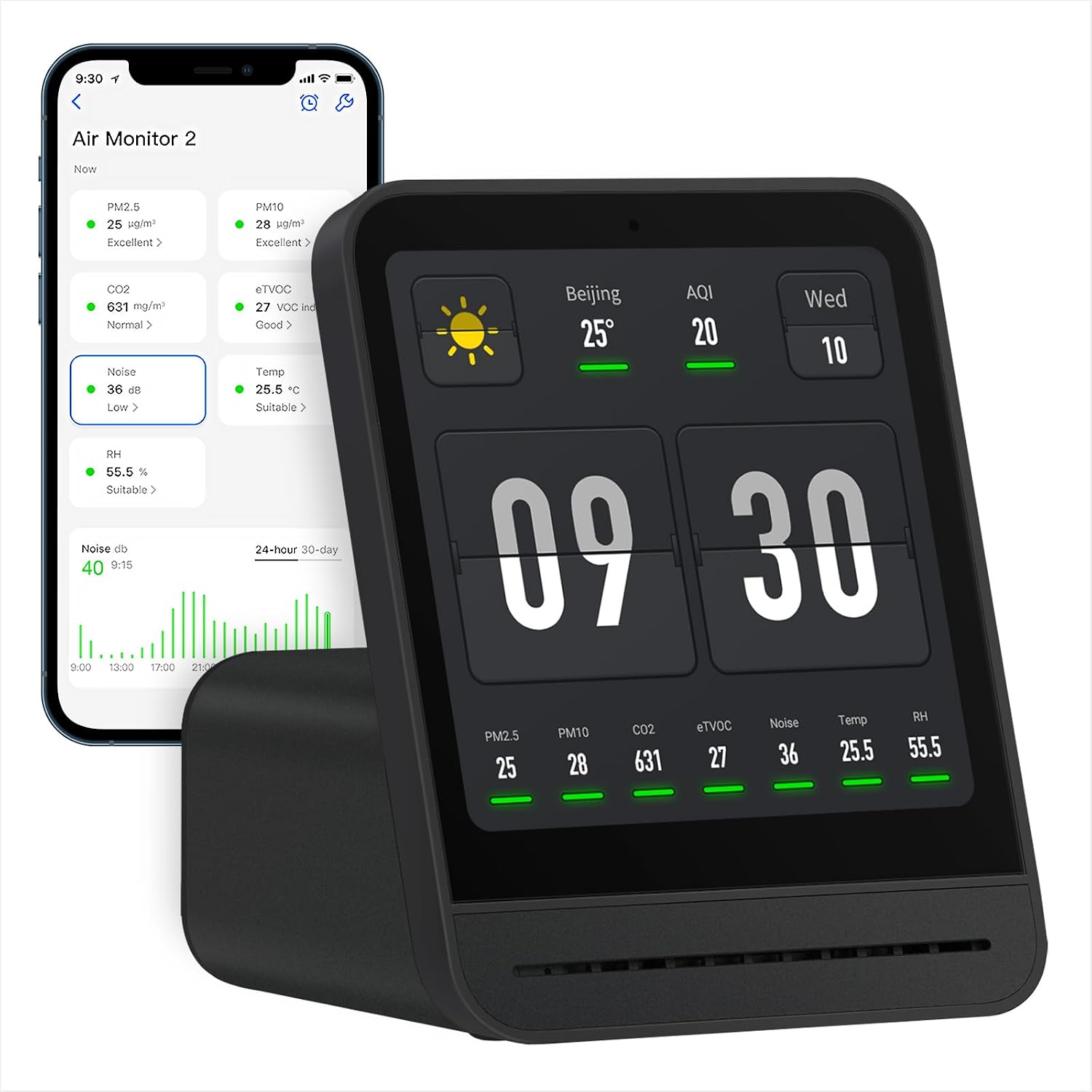 Fotografía técnica oficial de Qingping Air Monitor Lite Detector de Calidad del Aire con PM2.5, PM10, CO2 y HomeKit - Vista frontal con fondo neutro