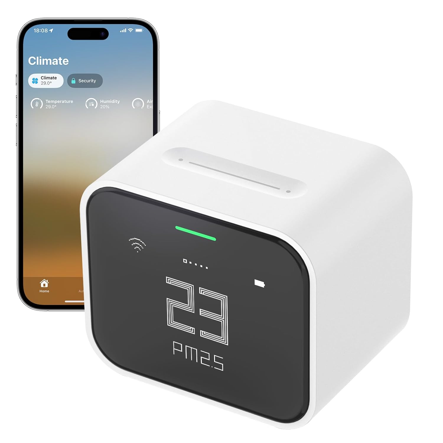 Fotografía técnica oficial de Qingping Monitor de Calidad del Aire Lite con Sensor Láser PM2.5, PM10, CO2 y Apple HomeKit - Vista frontal con fondo neutro