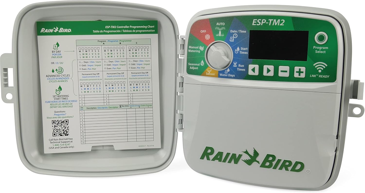 Fotografía técnica oficial de Rain Bird ESP-TM2 Programador de Riego de Exterior con Módulo WiFi LNK2 Incluido - Vista frontal con fondo neutro