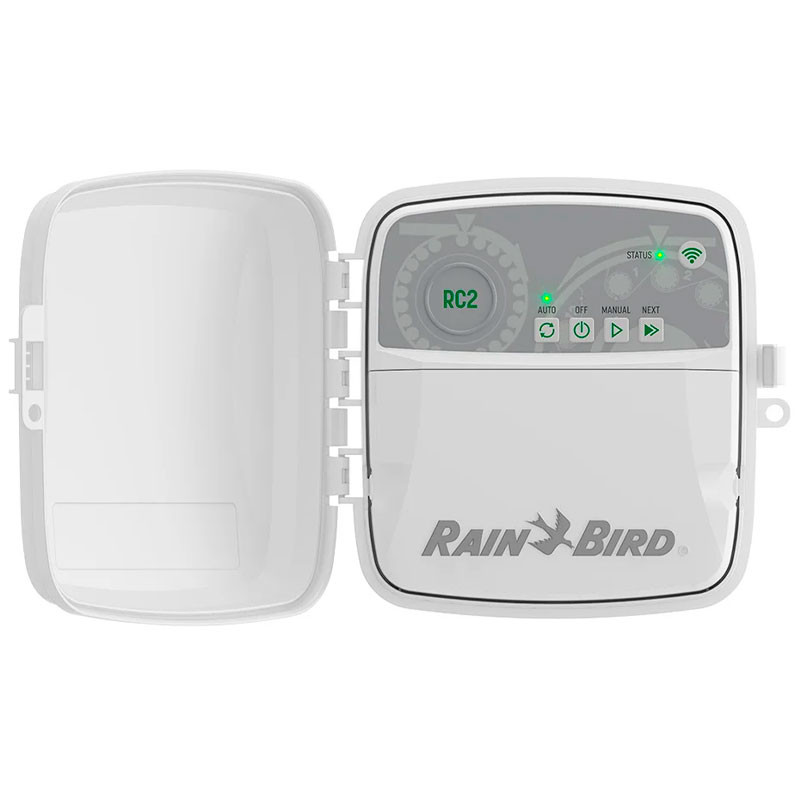 Fotografía técnica oficial de Rain Bird RC2-230V Programador de Riego Inteligente 8 Estaciones con WiFi Integrado - Vista frontal con fondo neutro