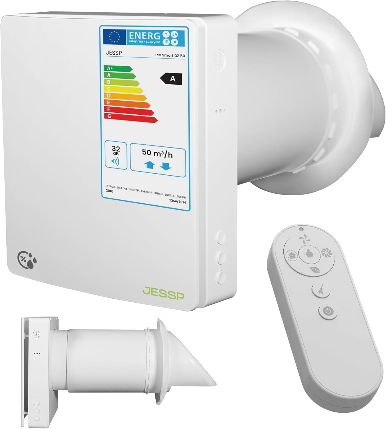 Fotografía técnica oficial de Recuperador de Calor Cerámico Descentralizado 160mm con Mando y App WiFi - Vista frontal con fondo neutro