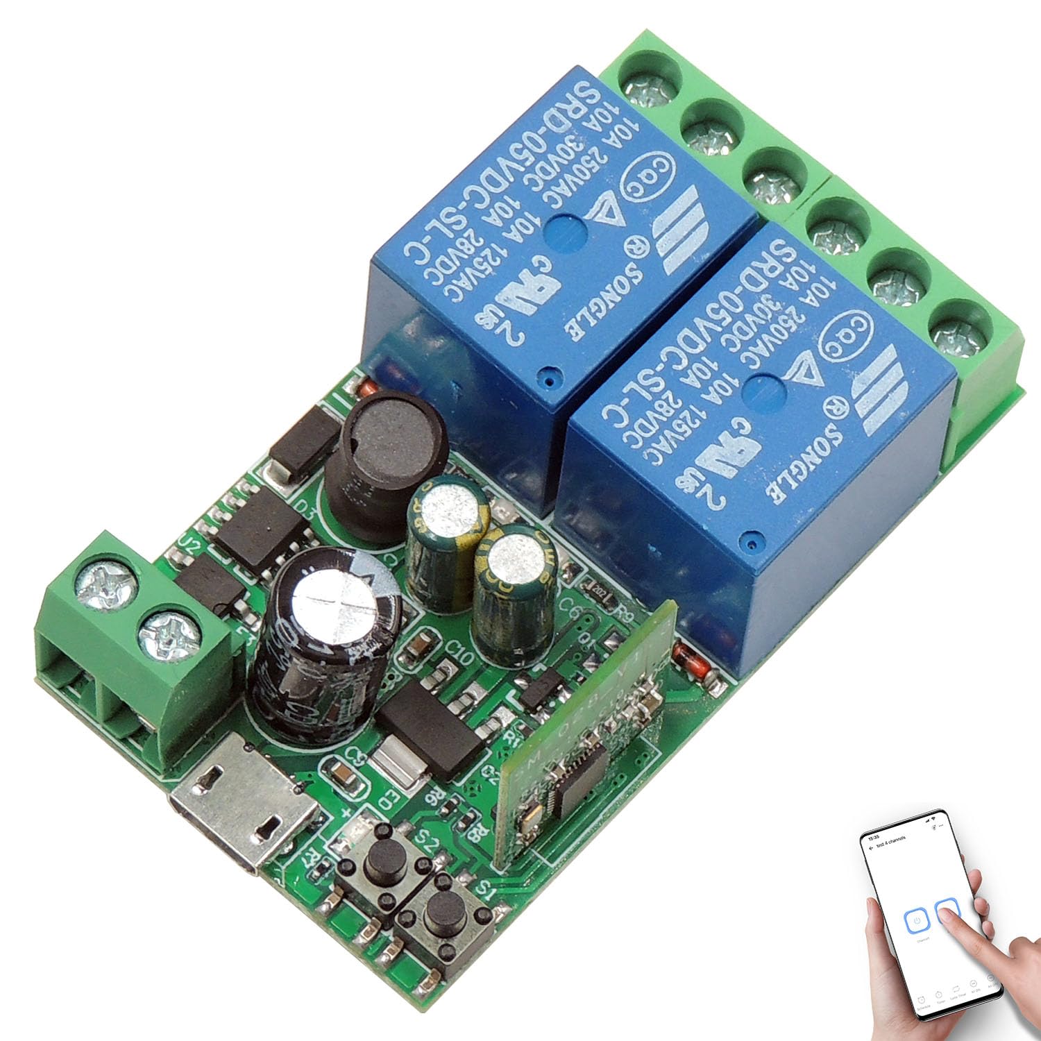Fotografía técnica oficial de Interruptor Relé Inteligente para Carril DIN 16A con WiFi y App Tuya Smart Life - Vista frontal con fondo neutro