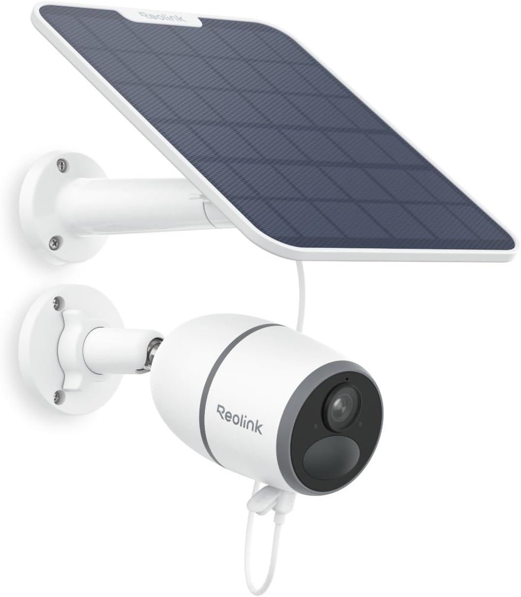 Fotografía técnica oficial de Reolink Go Plus Cámara 4G Solar 2K 4MP con Detección PIR de Fauna y Fincas - Vista frontal con fondo neutro