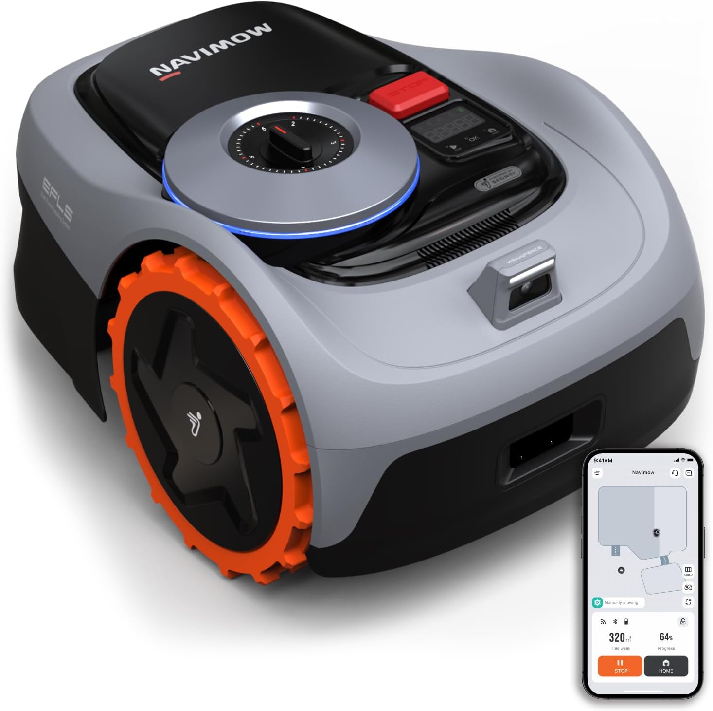 Fotografía técnica oficial de Segway Navimow i105E Robot Cortacésped con Posicionamiento Satelital RTK y Cámara EFLS 2.0 - Vista frontal con fondo neutro