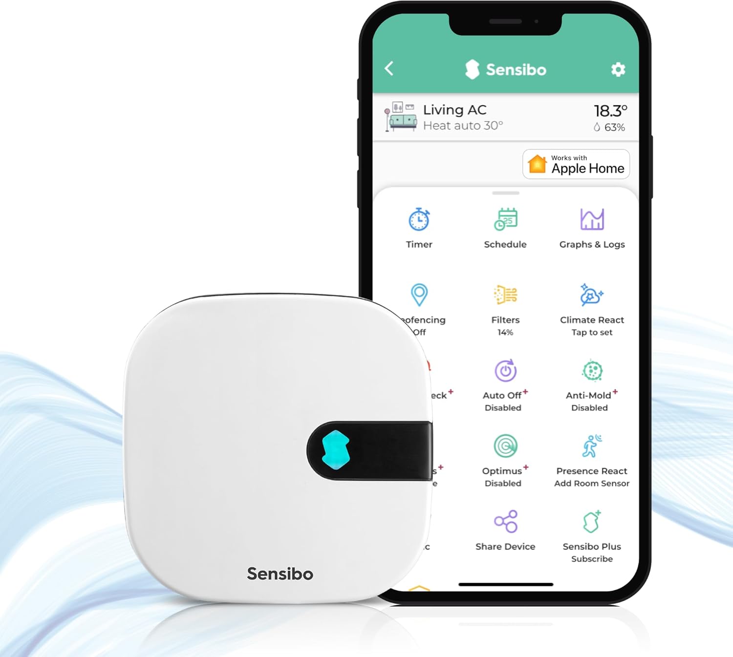 Fotografía técnica oficial de Sensibo Air Pro Controlador Inteligente de Aire Acondicionado con Sensor de CO2 y TVOC - Vista frontal con fondo neutro