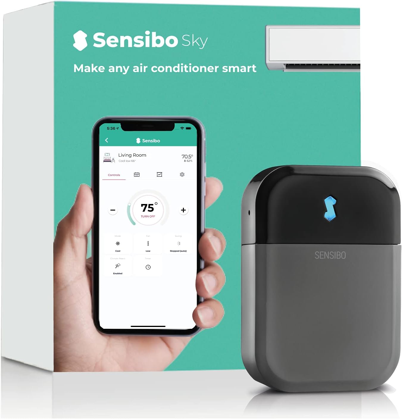 Fotografía técnica oficial de Sensibo Sky Controlador WiFi Infrarrojo para Aire Acondicionado con Programación Climate React - Vista frontal con fondo neutro