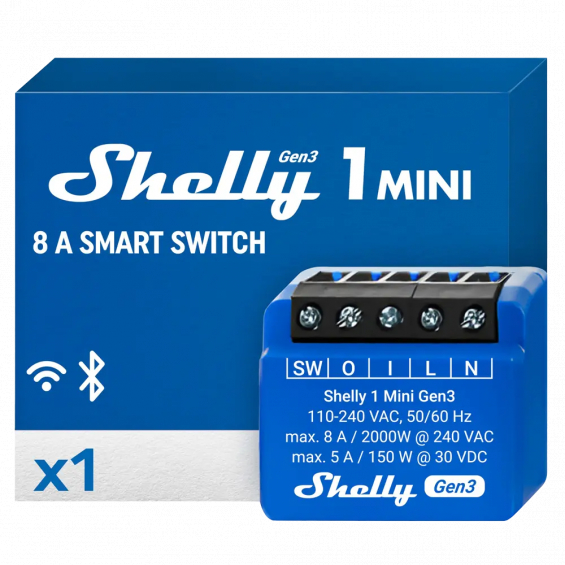 Fotografía técnica oficial de Shelly Plus 1 Mini Interruptor Inteligente WiFi y Bluetooth con Contacto Seco - Vista frontal con fondo neutro