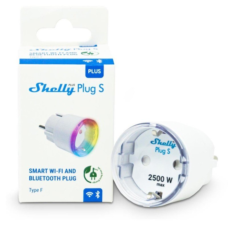 Fotografía técnica oficial de Shelly Plus Plug S Enchufe Inteligente WiFi 12A con Anillo LED Multicolor de Consumo - Vista frontal con fondo neutro